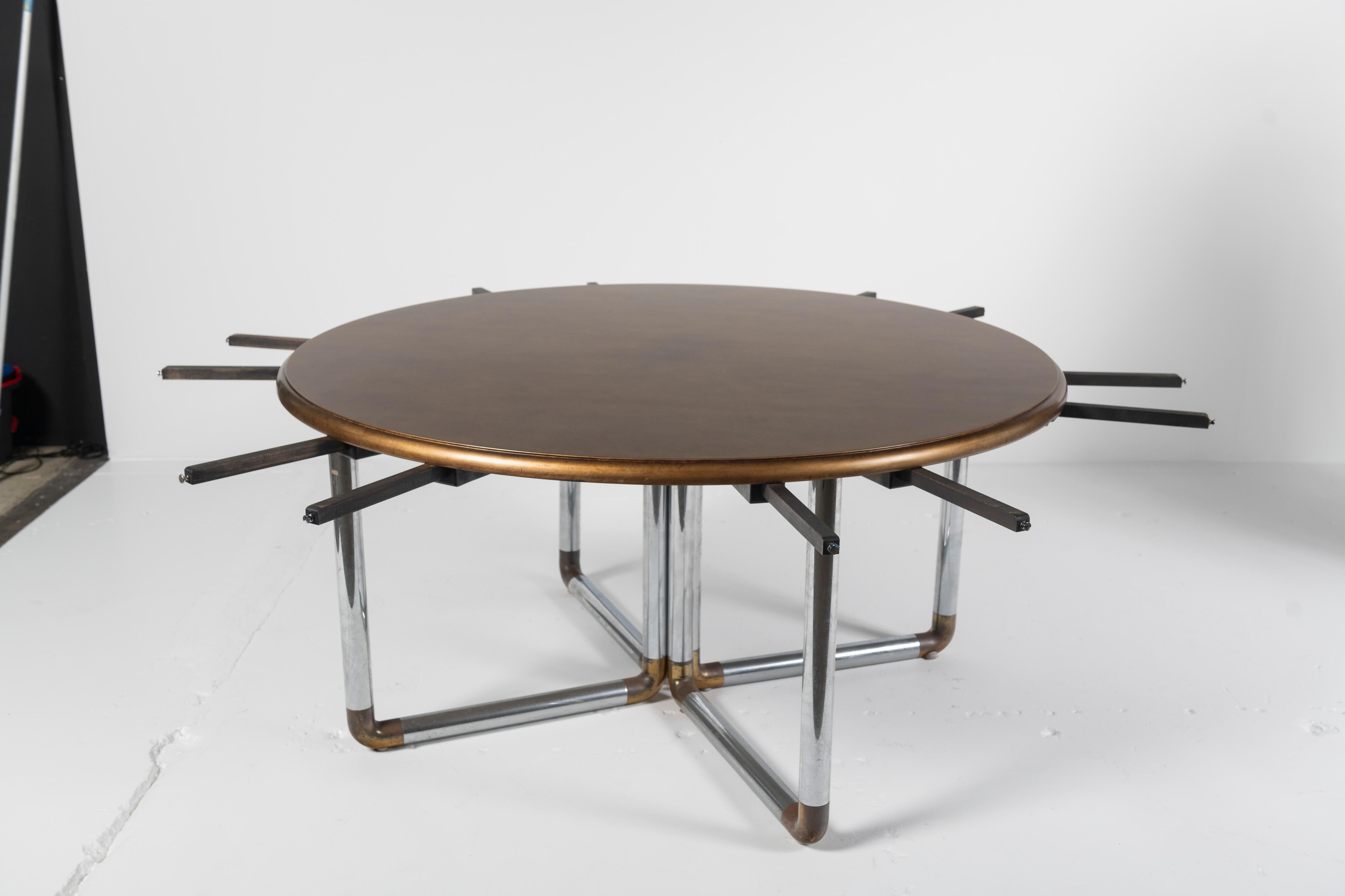Brass Painted Wood and Chrome Dining Table, Round with Six Leaves For Sale
