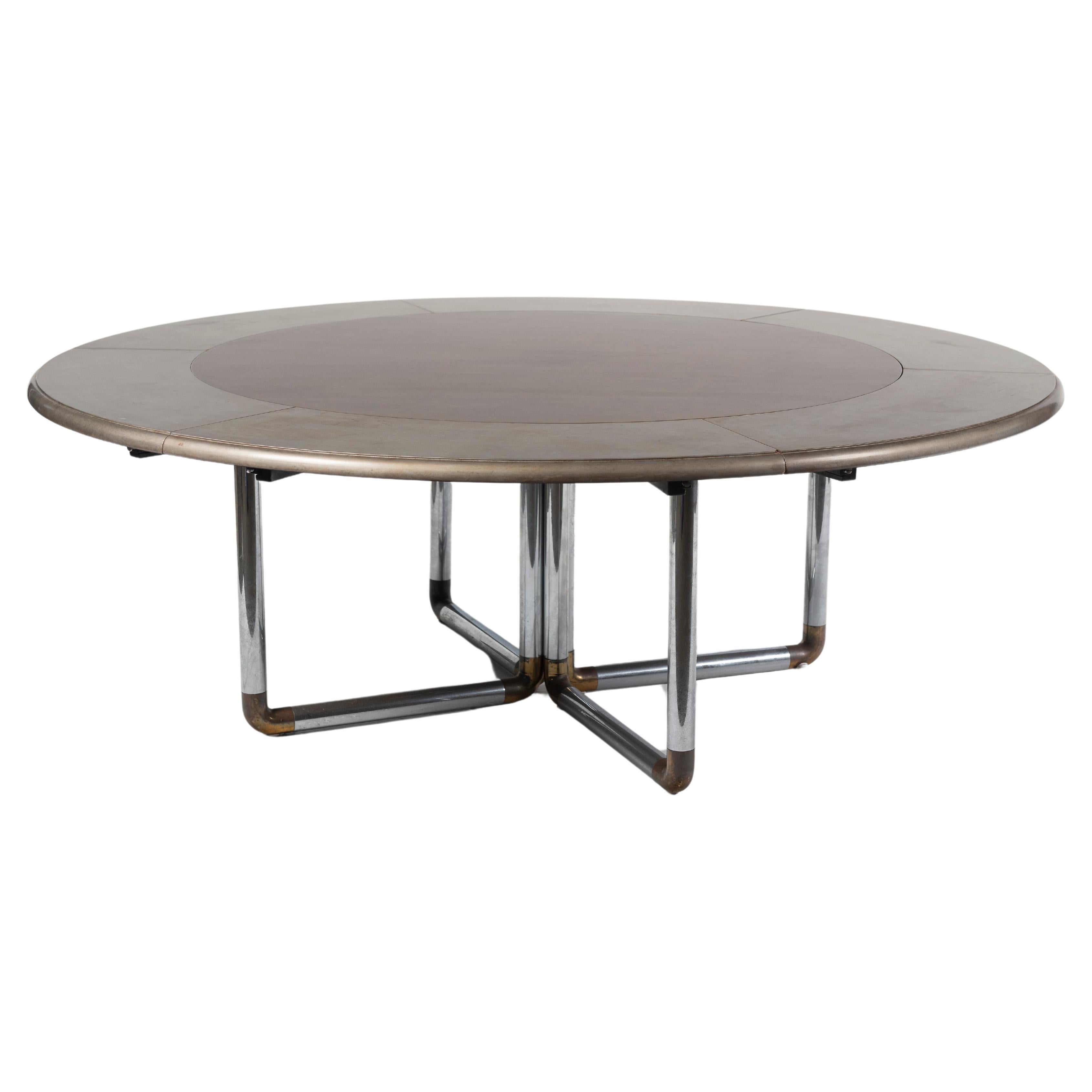 Table de salle à manger en bois peint et chrome, ronde avec six abattants en vente