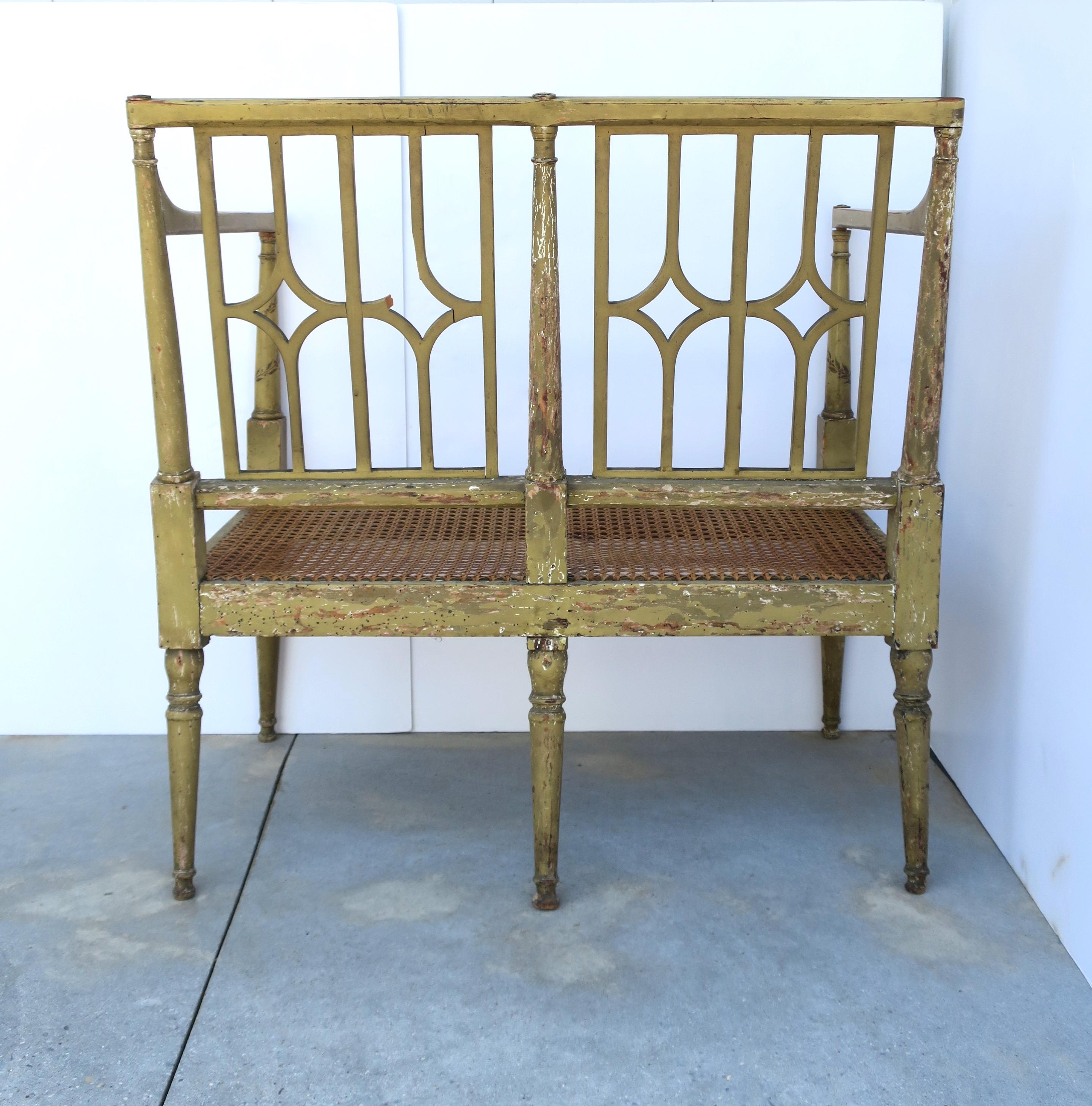 Painted Wood and Wicker Cane Loveseat Bench For Sale 15