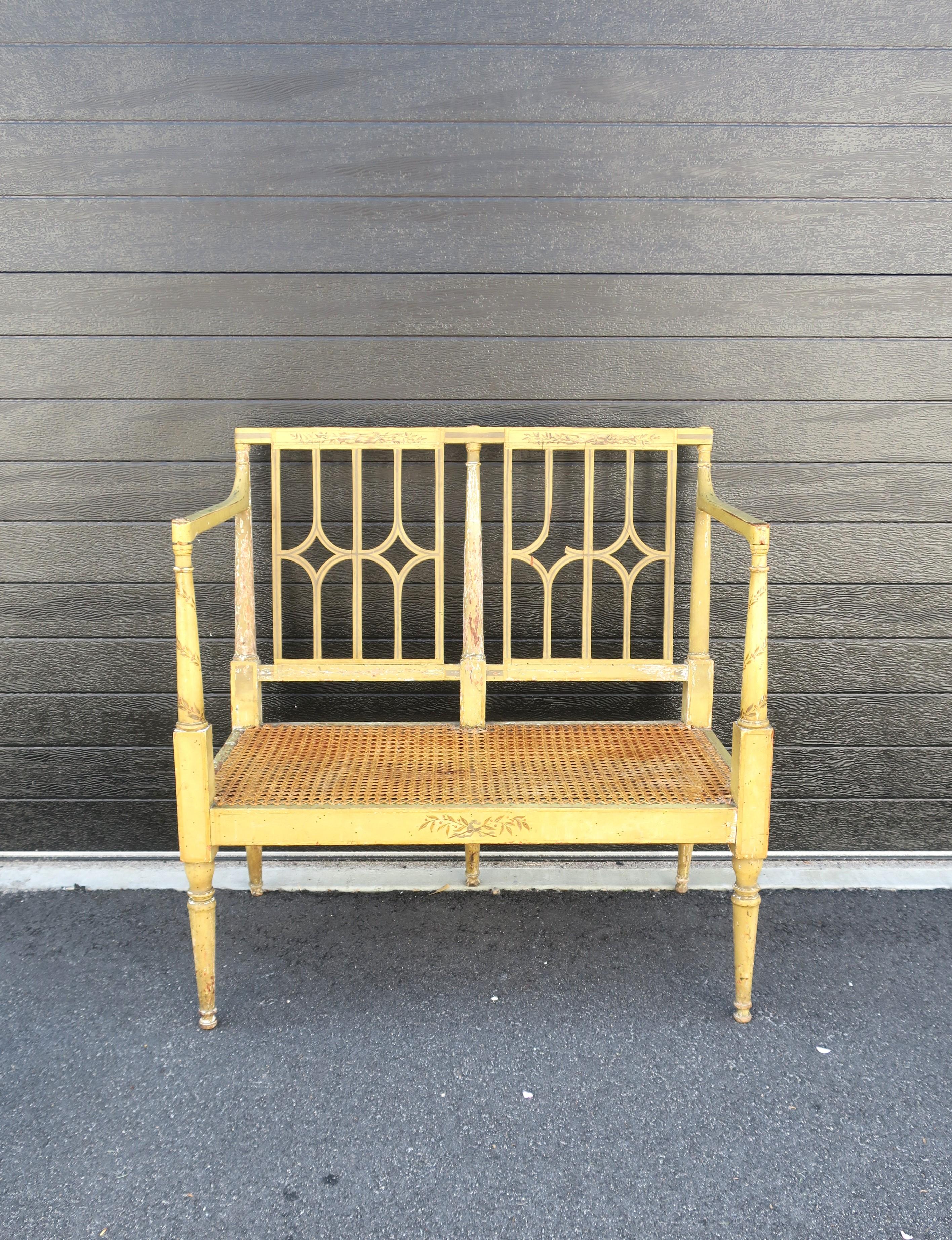 Painted Wood and Wicker Cane Loveseat Bench In Fair Condition For Sale In New York, NY
