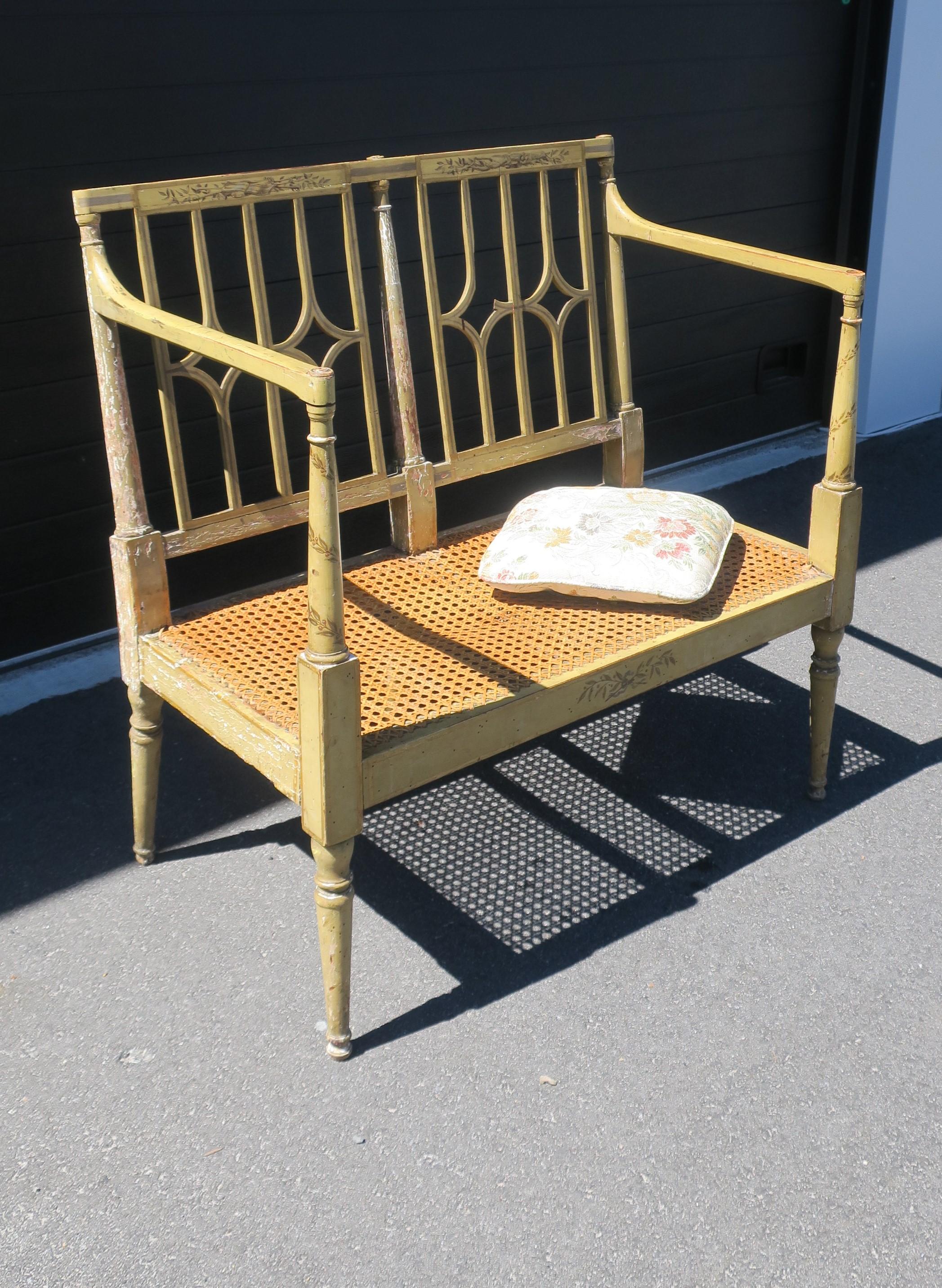 20th Century Painted Wood and Wicker Cane Loveseat Bench For Sale