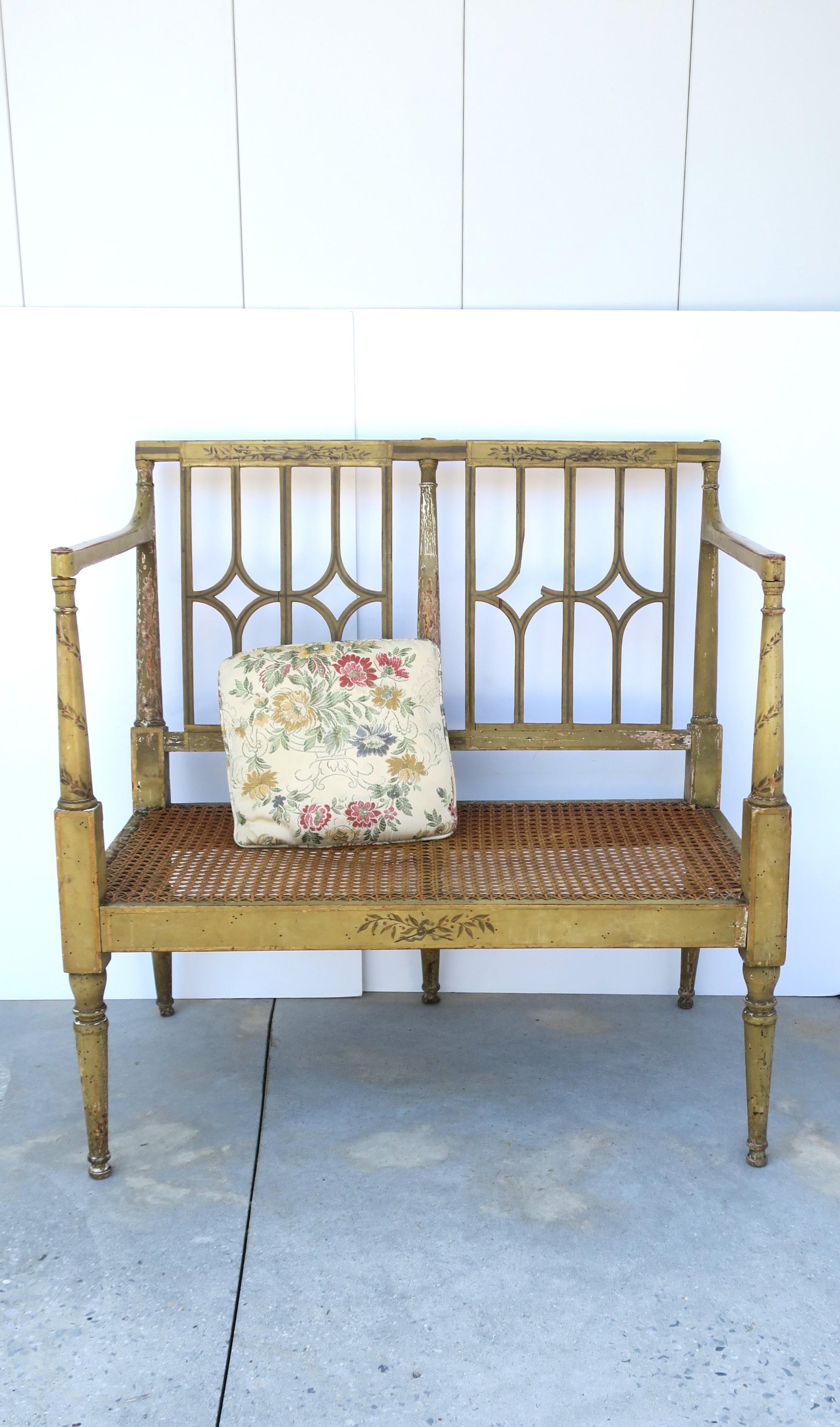 Painted Wood and Wicker Cane Loveseat Bench For Sale 1