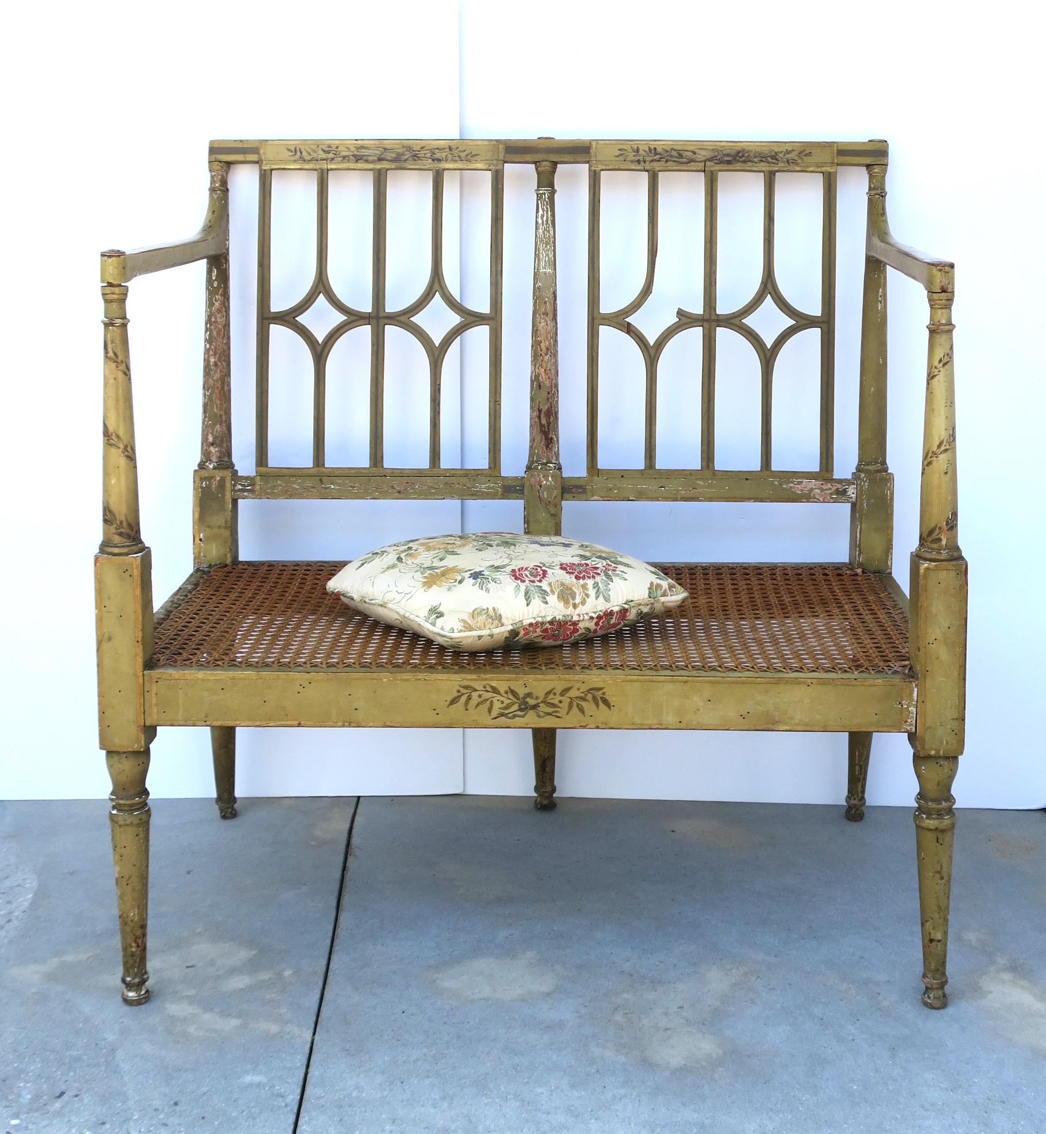 Painted Wood and Wicker Cane Loveseat Bench For Sale 2