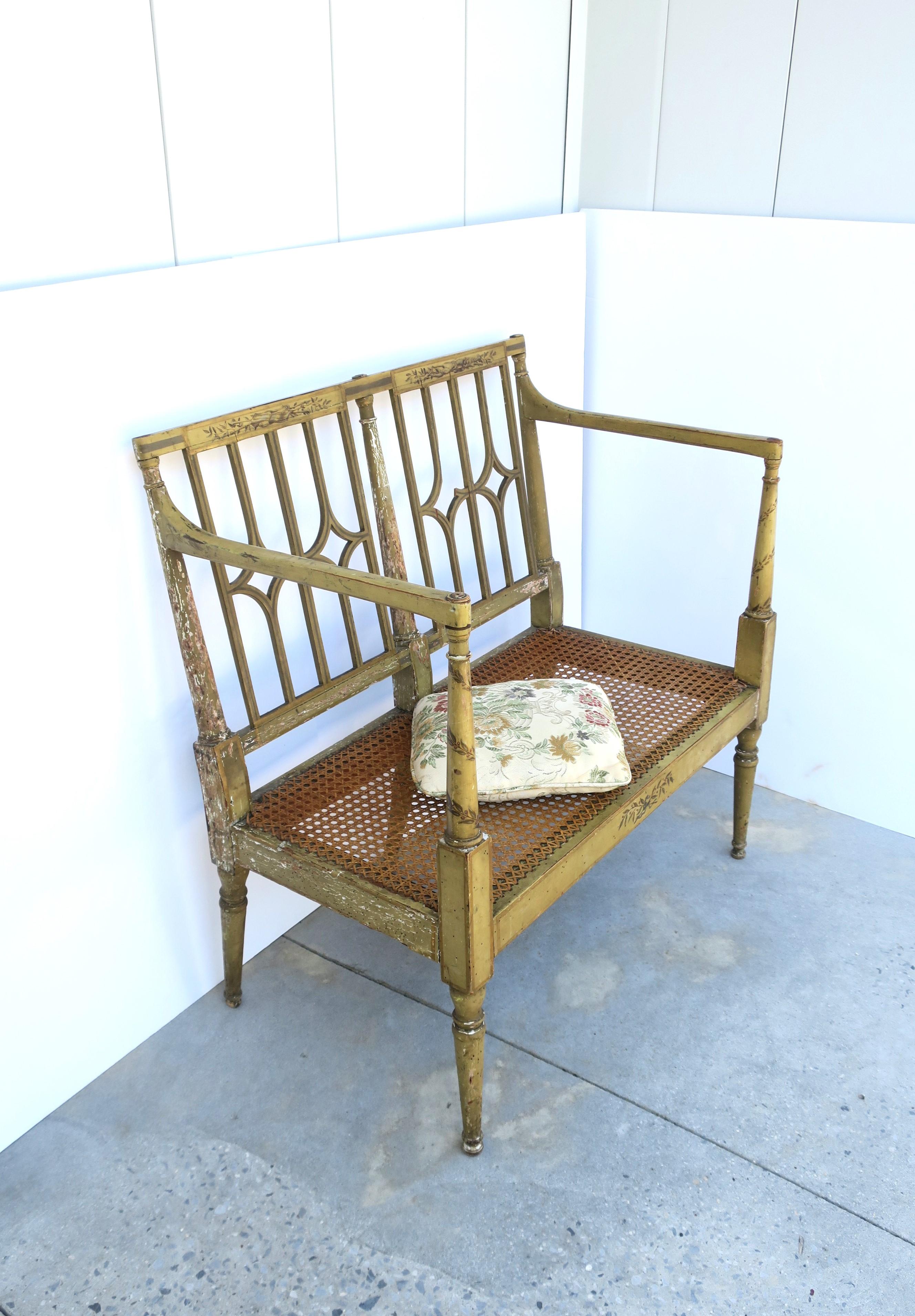 Painted Wood and Wicker Cane Loveseat Bench For Sale 3