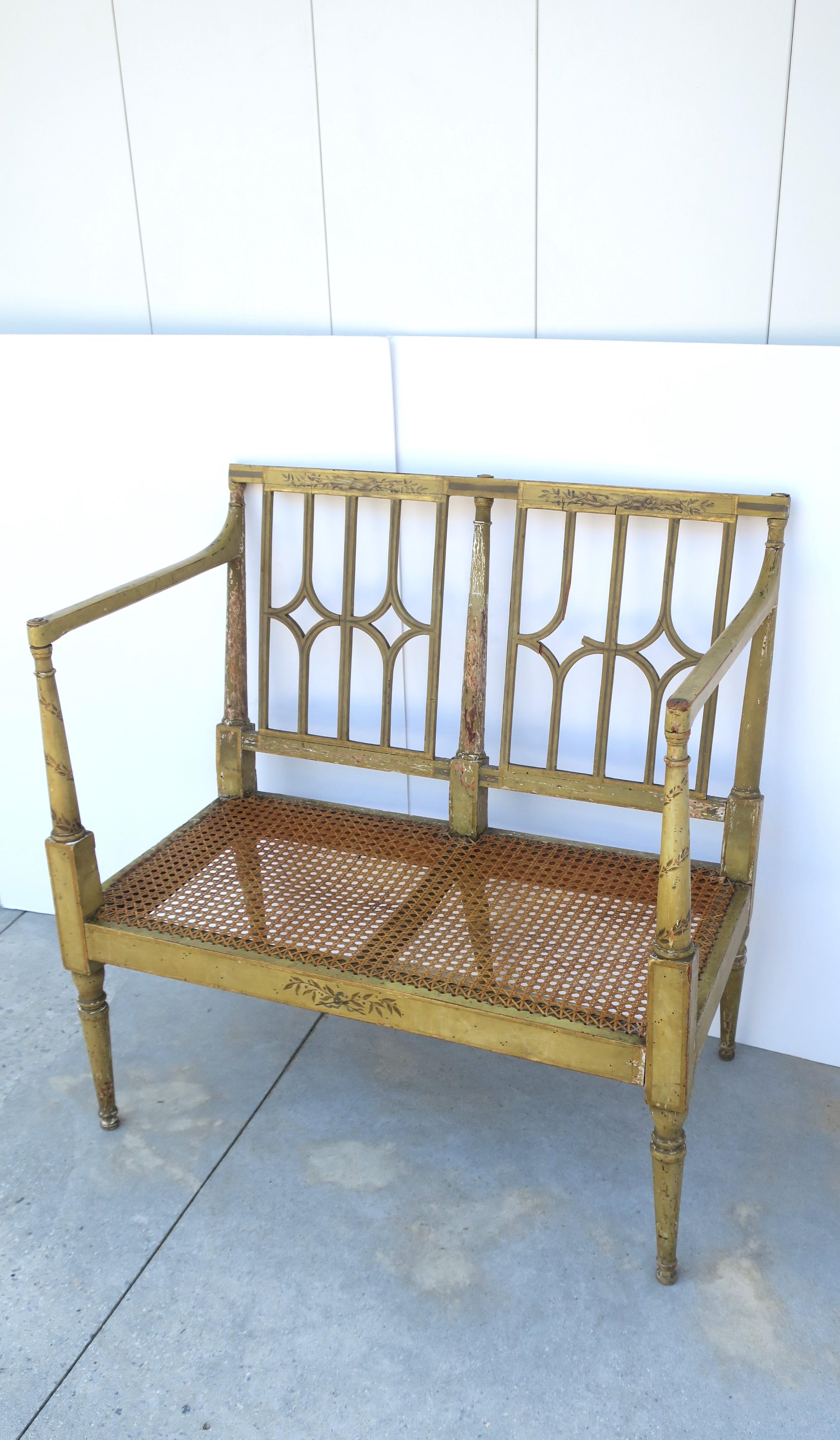 Painted Wood and Wicker Cane Loveseat Bench For Sale 5