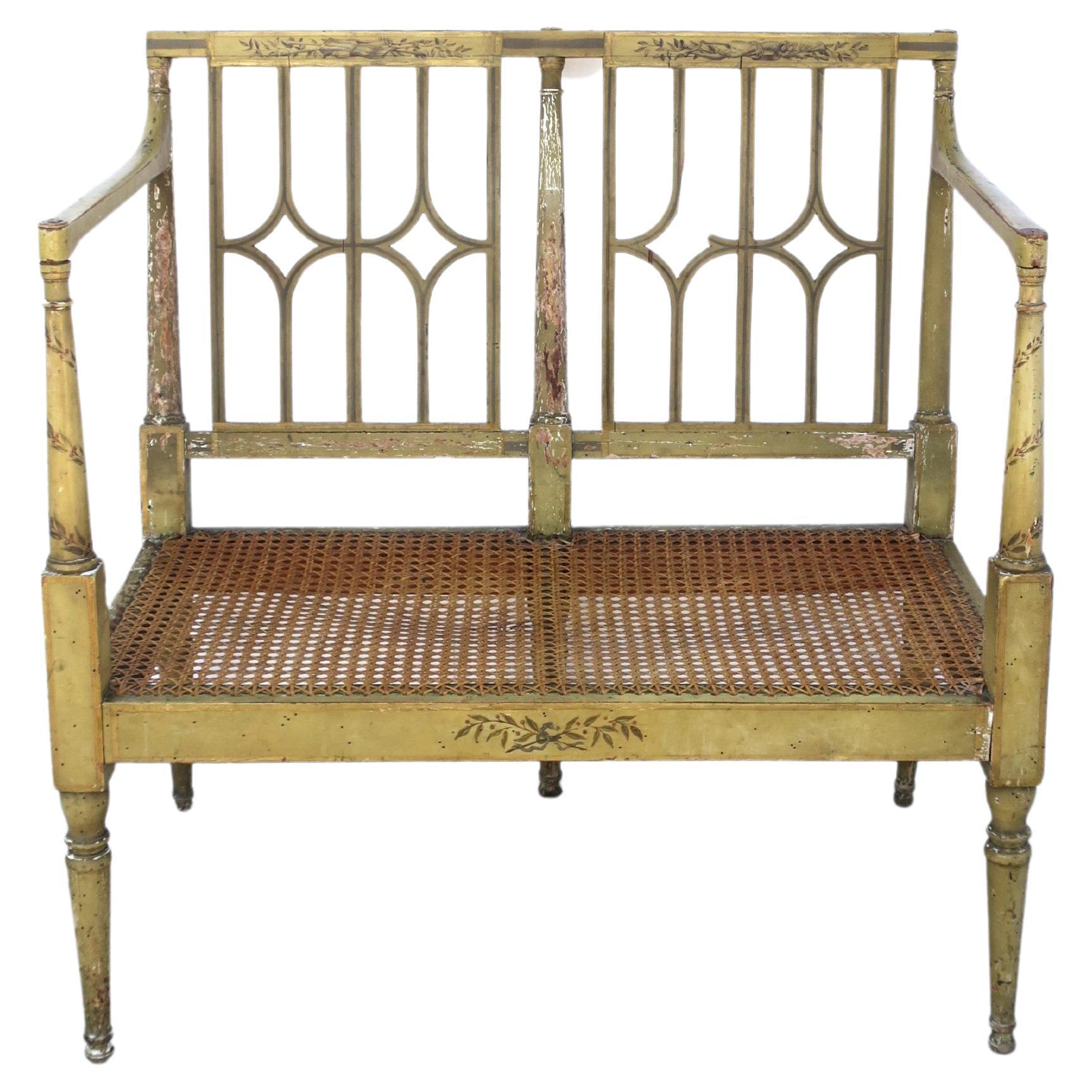 Painted Wood and Wicker Cane Loveseat Bench For Sale