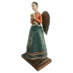 Painted Wood Arc Angel Santo, Hammered Copper Wings