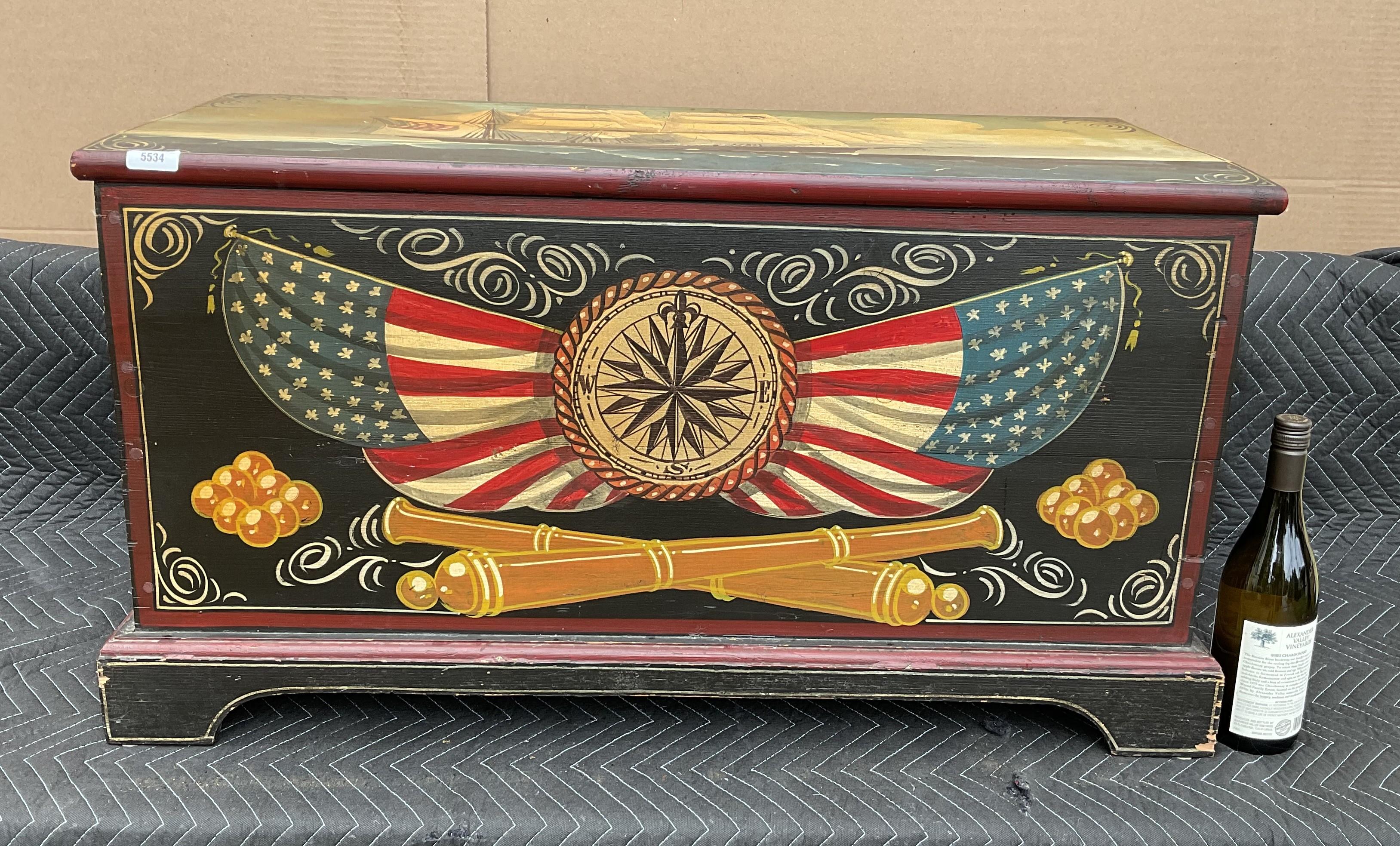 European Painted Wood Chest with Maritime Theme