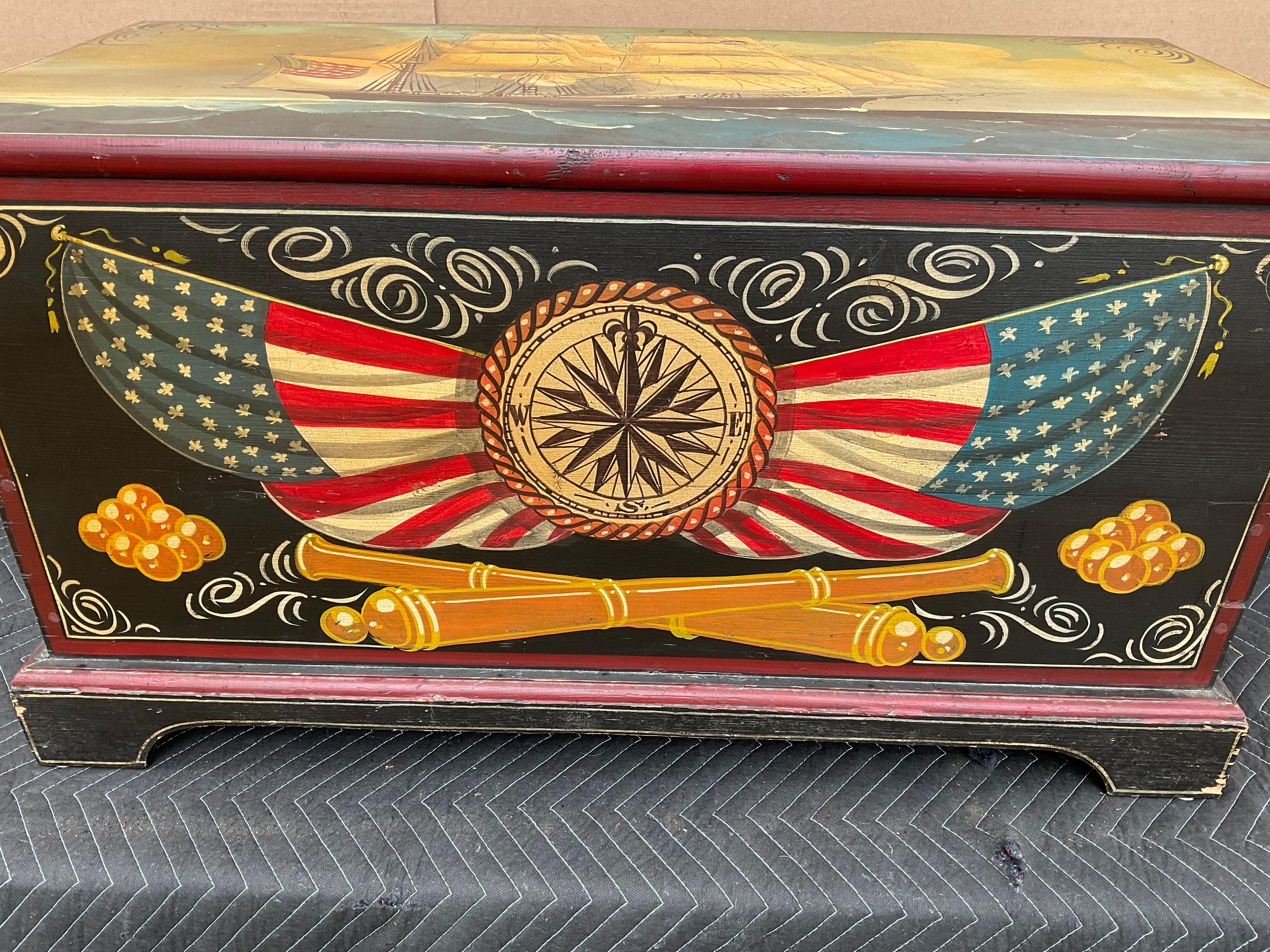 Painted Wood Chest with Maritime Theme In Good Condition In Norwell, MA