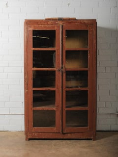 Painted Wood Glass-Front Cabinet with Brass Hardware