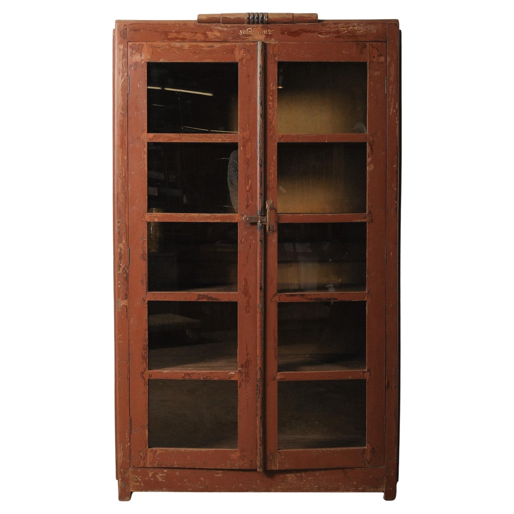 Painted Wood Glass-Front Cabinet with Brass Hardware For Sale
