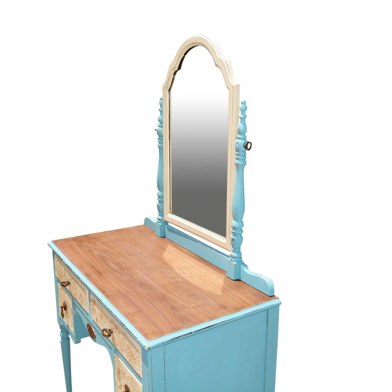 Painted Wood Makeup Vanity Desk with Mirror and Upholstered Chair at