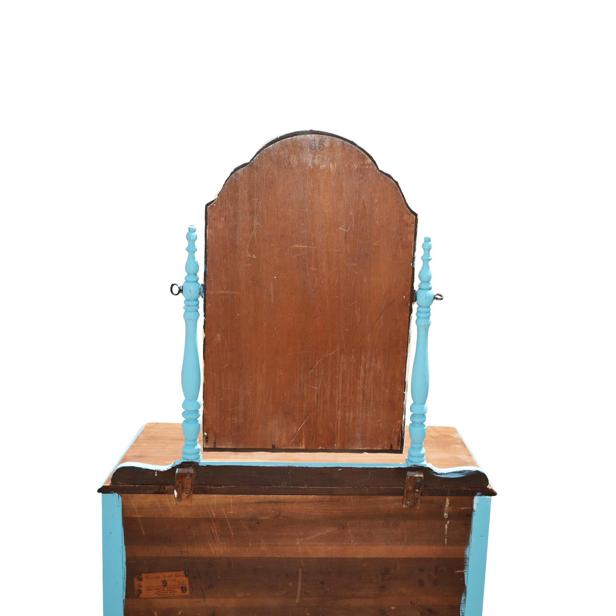 Hand-Painted Painted Wood Makeup Vanity Desk with Mirror and Upholstered Chair