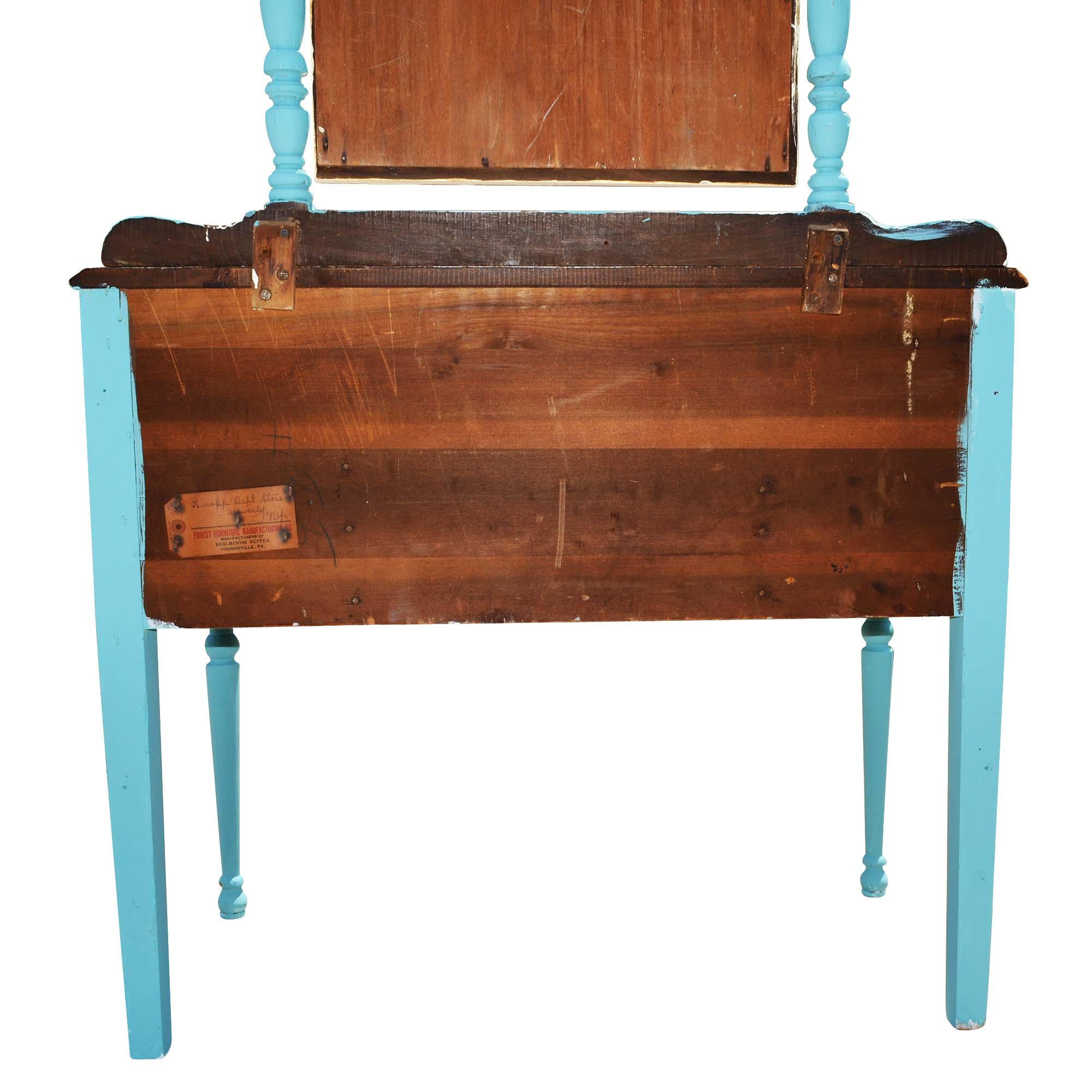 Painted Wood Makeup Vanity Desk with Mirror and Upholstered Chair In Good Condition In Pataskala, OH