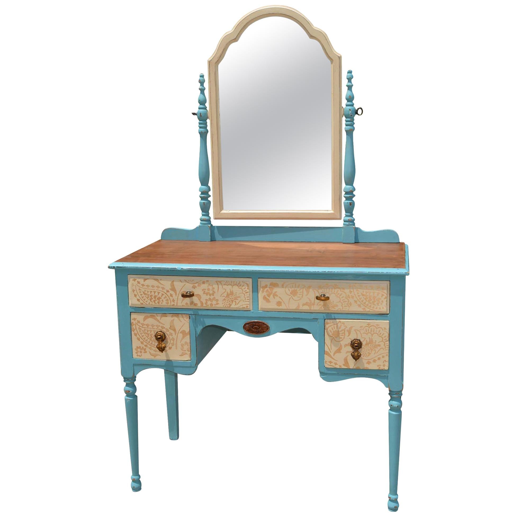 Painted Wood Makeup Vanity Desk with Mirror and Upholstered Chair