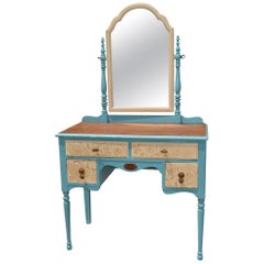 Antique Painted Wood Makeup Vanity Desk with Mirror and Upholstered Chair