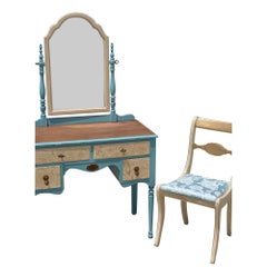 Painted Wood Makeup Vanity Desk with Mirror and Upholstered Chair