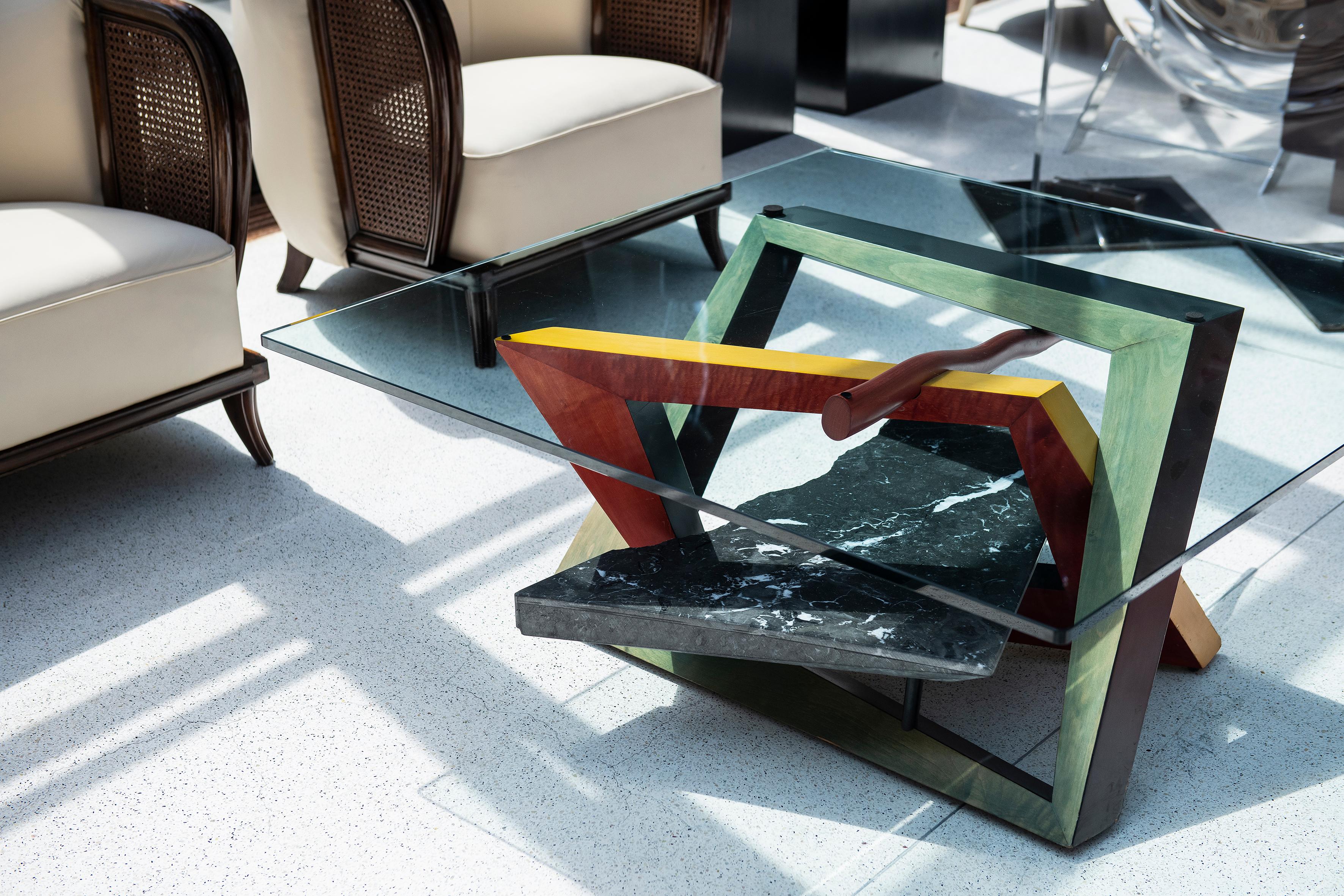 Painted Wood, Marble and Glass Low Table, Italy, circa 1980 In Good Condition For Sale In Buenos Aires, Buenos Aires