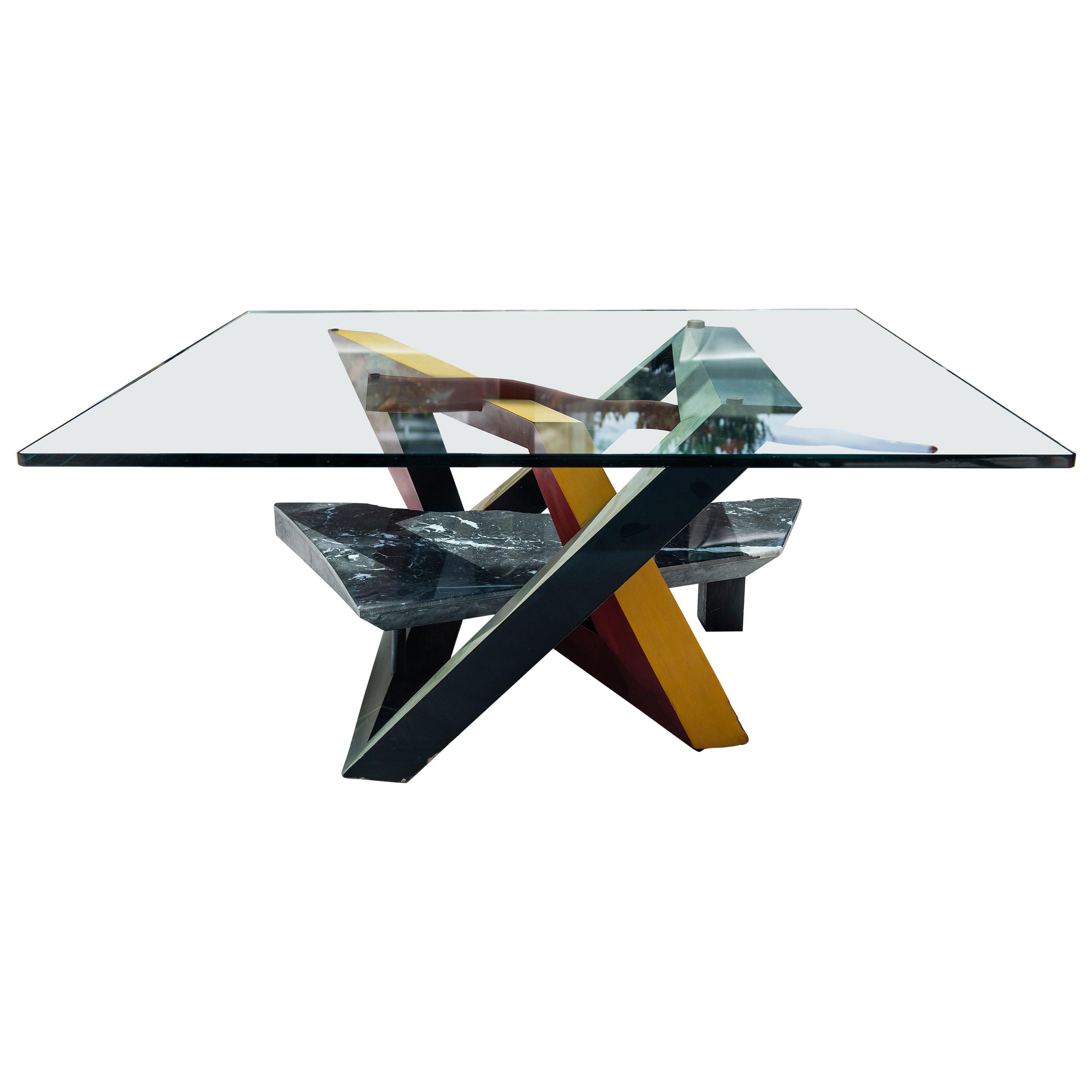 Painted Wood, Marble and Glass Low Table, Italy, circa 1980 For Sale