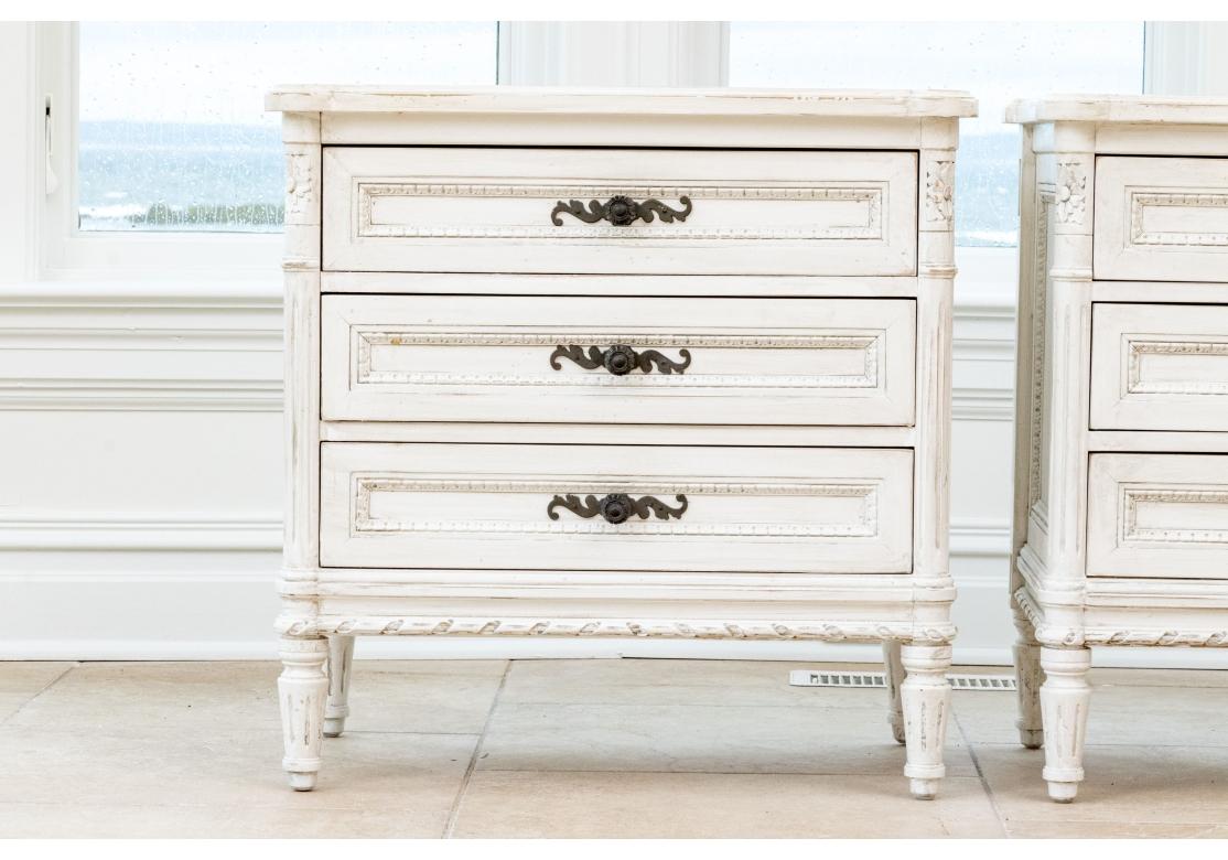 Carved Painted Wood Night Stand Pair In Country French Style For Sale