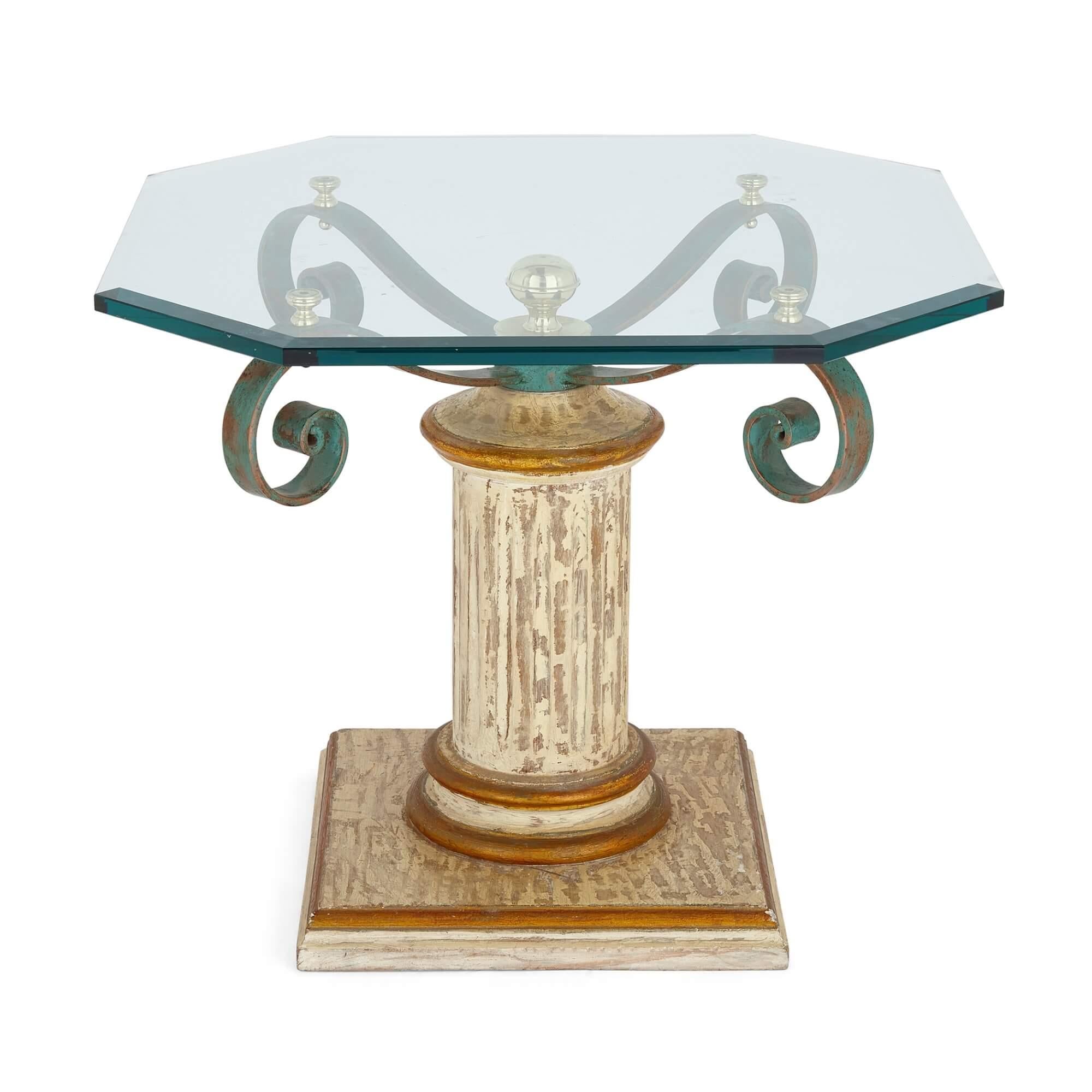 Painted wood, patinated iron and glass side table 
Continental, 20th Century 
Height 50cm, width 60cm, depth 60cm

Wonderfully crafted in the 20th century, this side table is made using a selection of high quality materials. 

An octagonal faceted