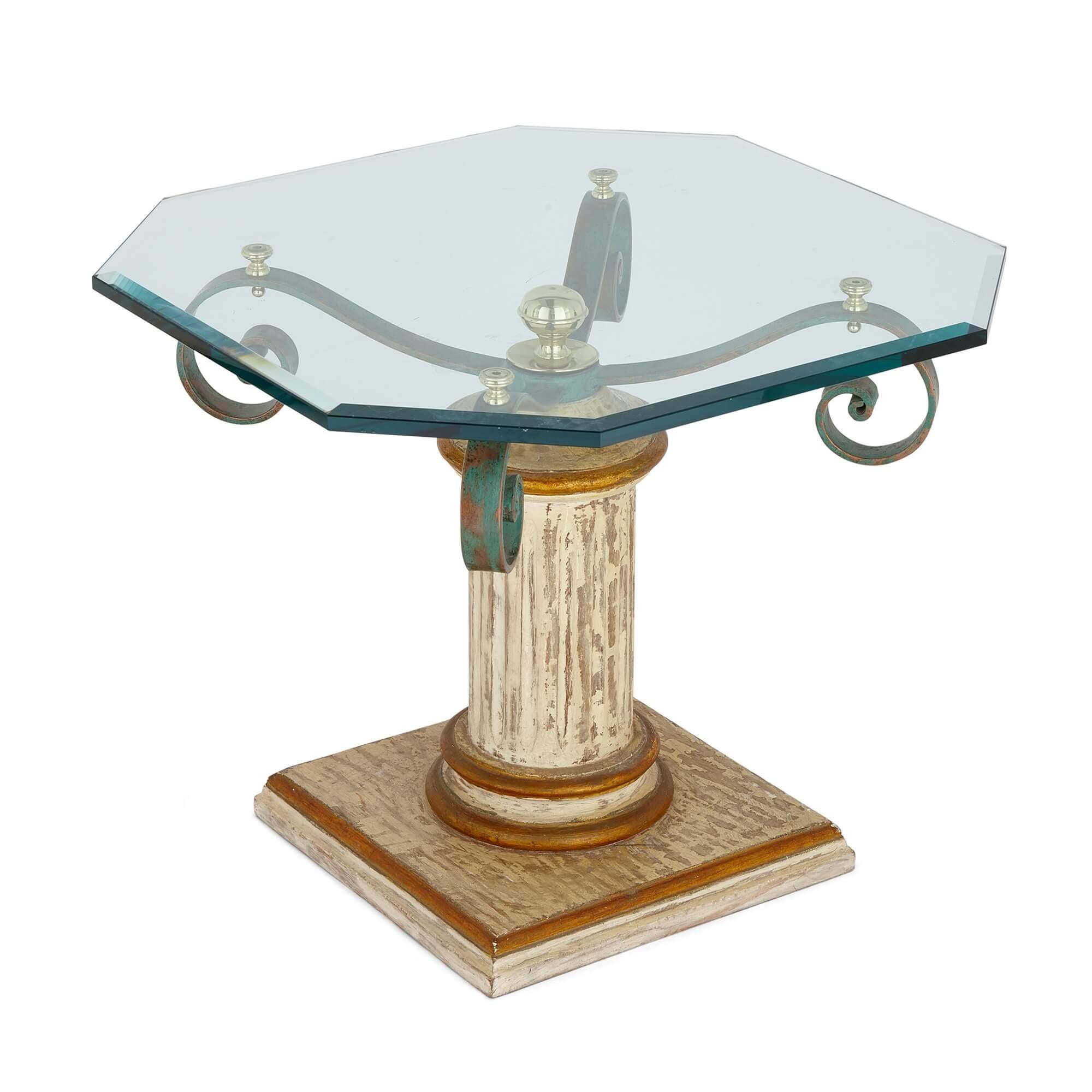 Modern Painted Wood, Patinated Iron and Glass Side Table  For Sale