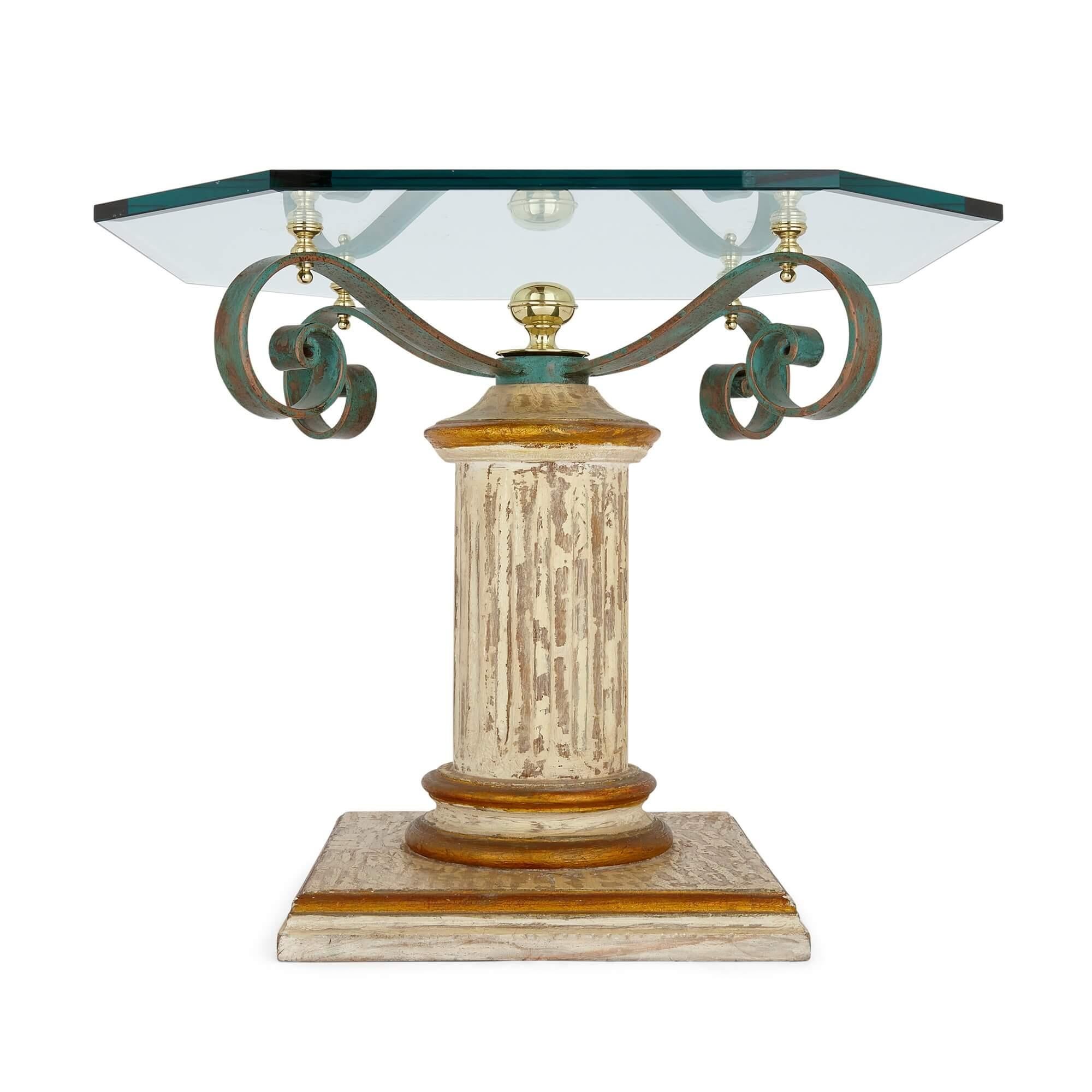 European Painted Wood, Patinated Iron and Glass Side Table  For Sale