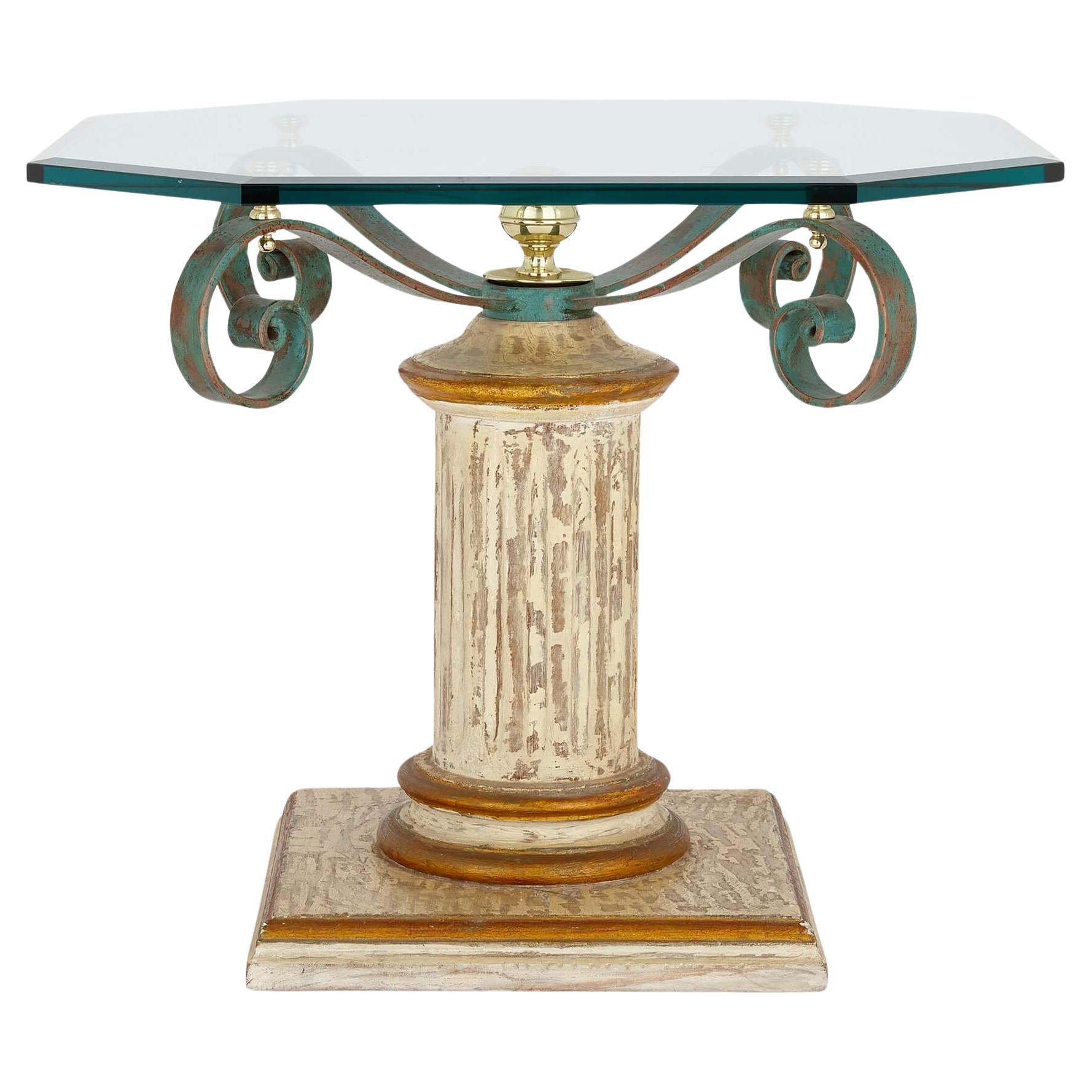 Painted Wood, Patinated Iron and Glass Side Table  For Sale