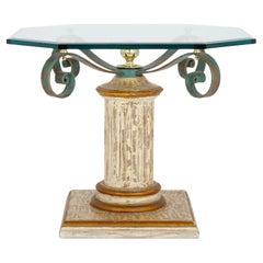 Painted Wood, Patinated Iron and Glass Side Table 