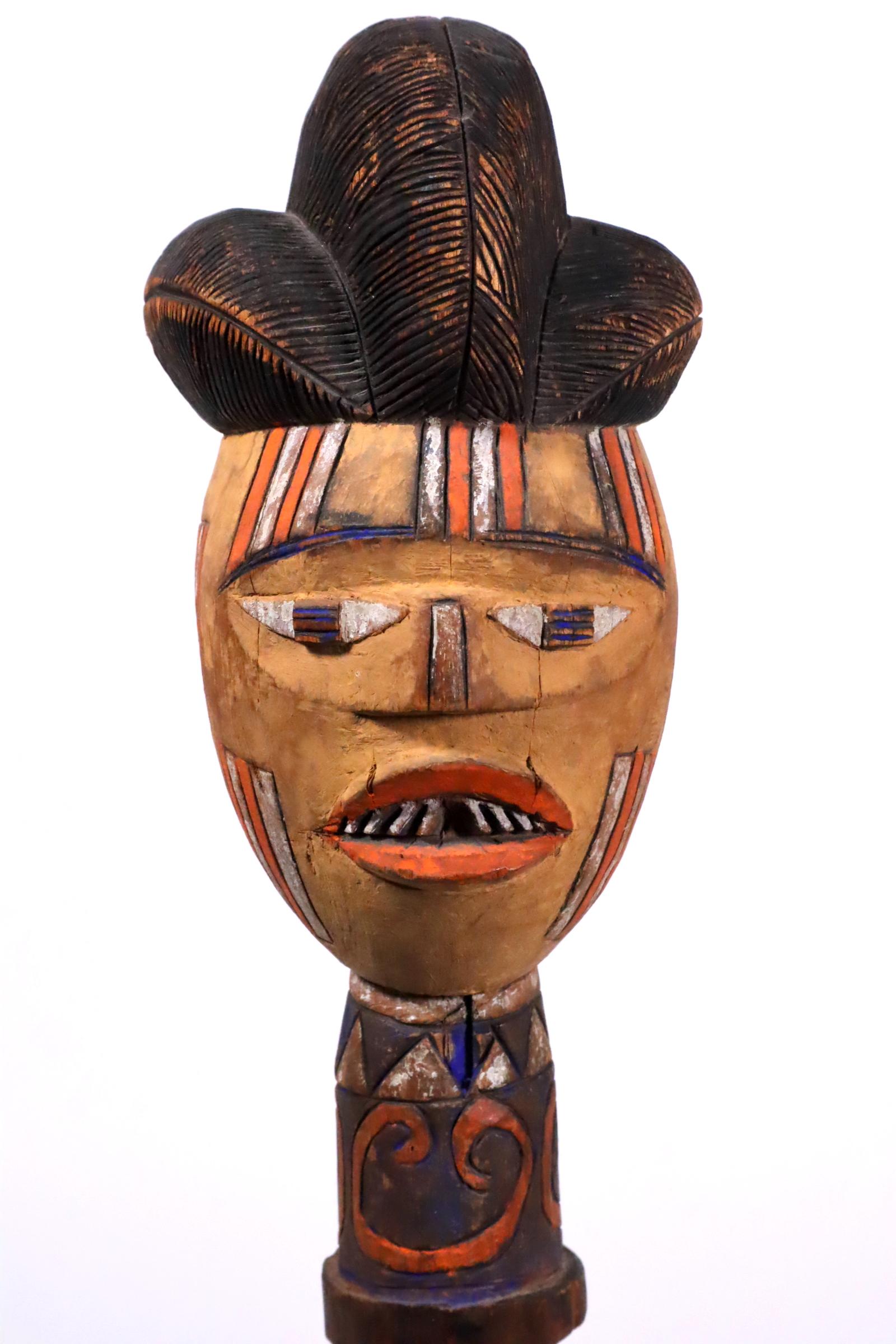 Hand-Carved Painted Wood Puppet Head Kebe Kuyu People Congo African Tribal Art Unique Style For Sale