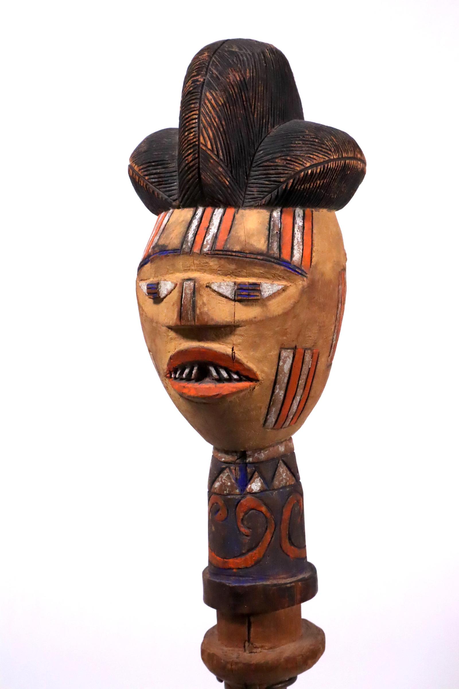 Painted Wood Puppet Head Kebe Kuyu People Congo African Tribal Art Unique Style In Good Condition For Sale In Santa Fe, NM