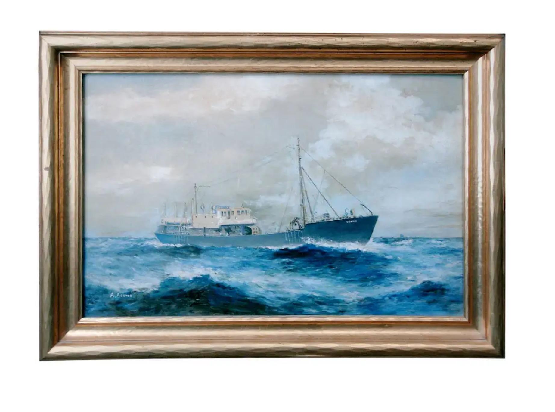 Canvas Painted Wood Relief Model of a Three-Mast Ship, 20th Century For Sale