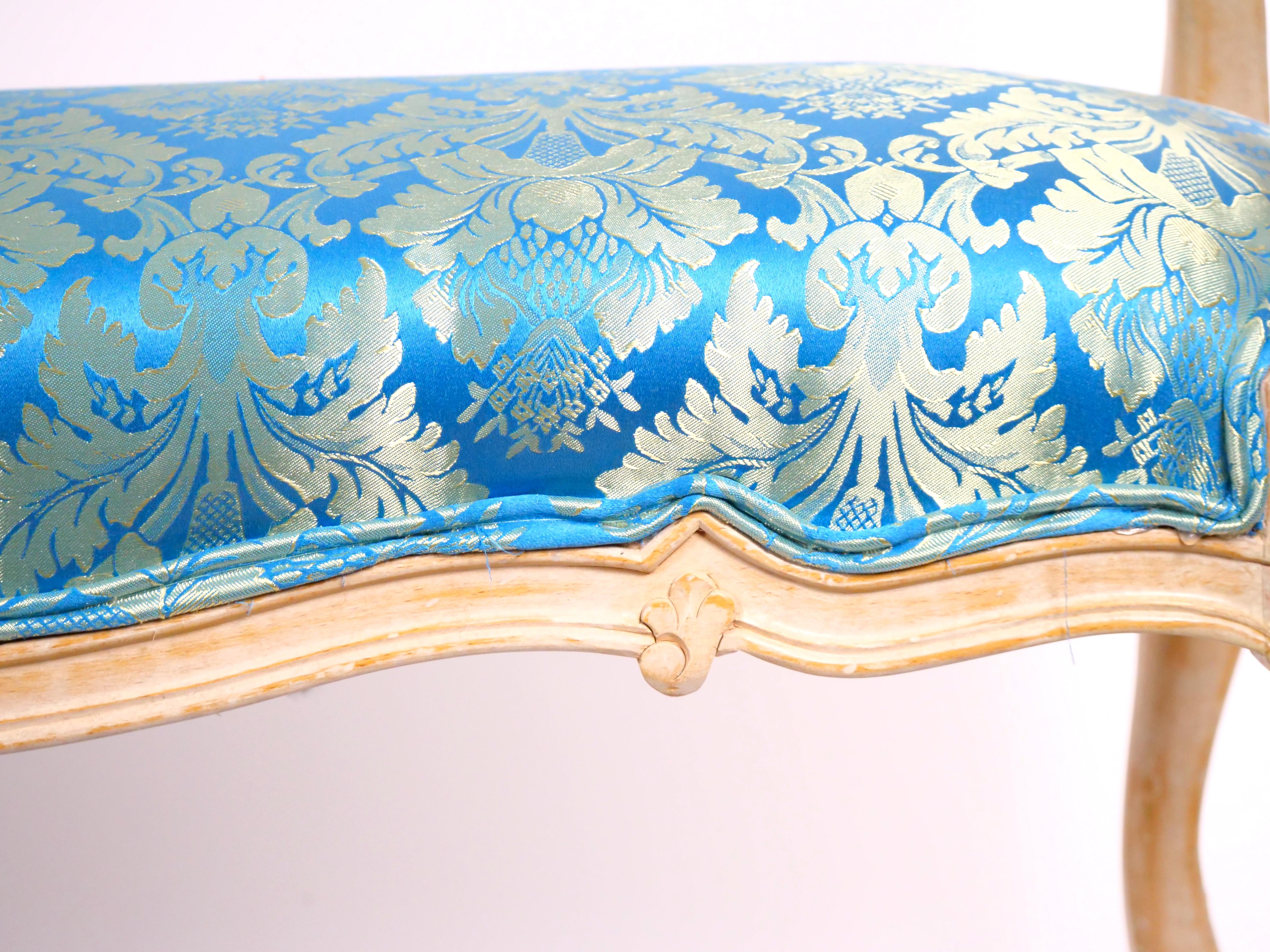 Hand-Carved Painted Wood Window Bench / Arms & Flute Carved Accents  / Upholstered Seat For Sale