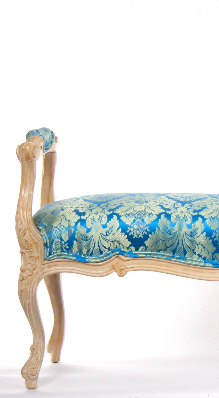 Painted Wood Window Bench / Arms and Flute Carved Accents / Upholstered