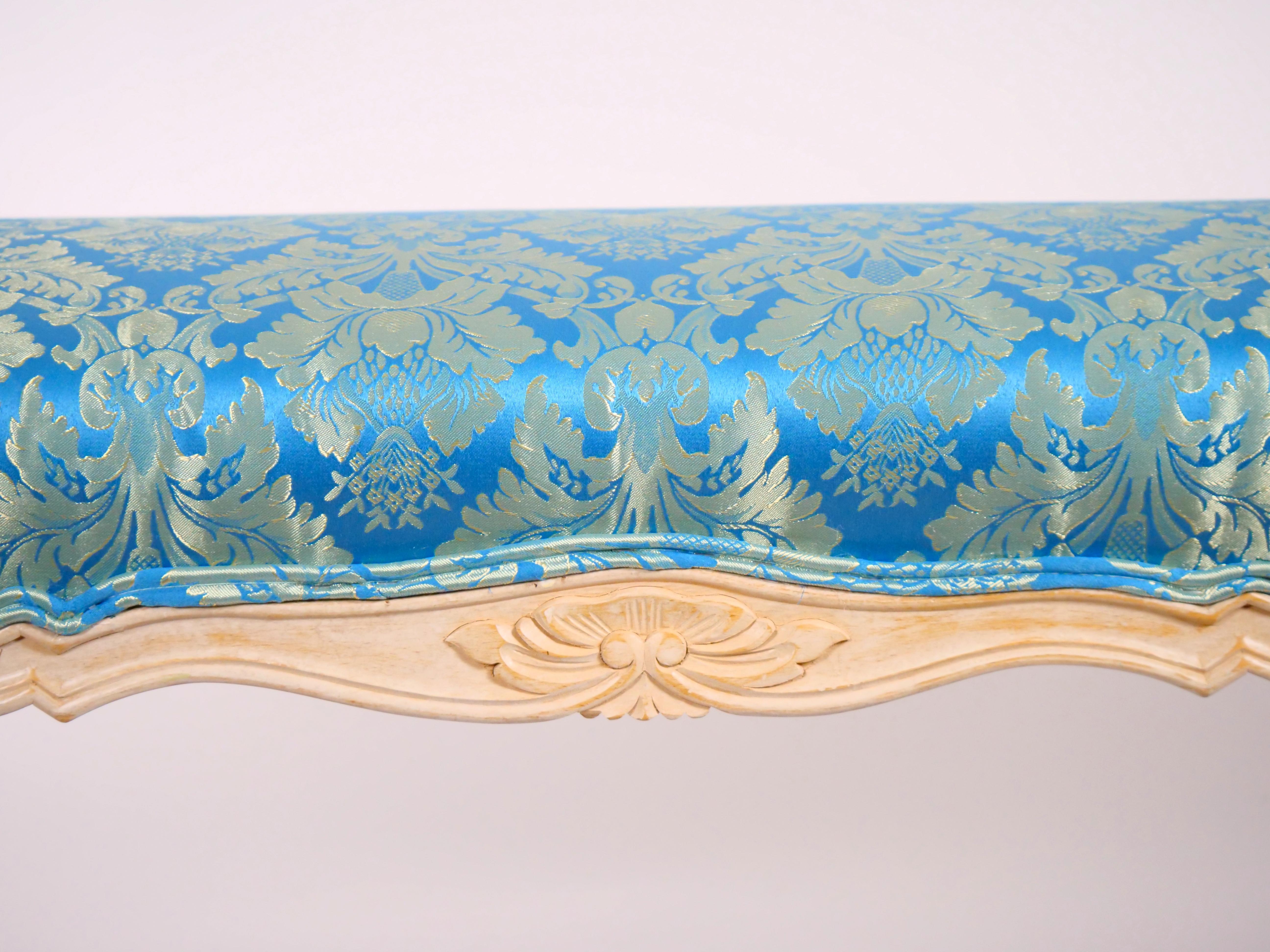 Upholstery Painted Wood Window Bench / Arms & Flute Carved Accents  / Upholstered Seat For Sale