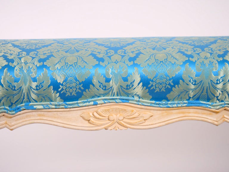 Painted Wood Window Bench / Arms and Flute Carved Accents / Upholstered