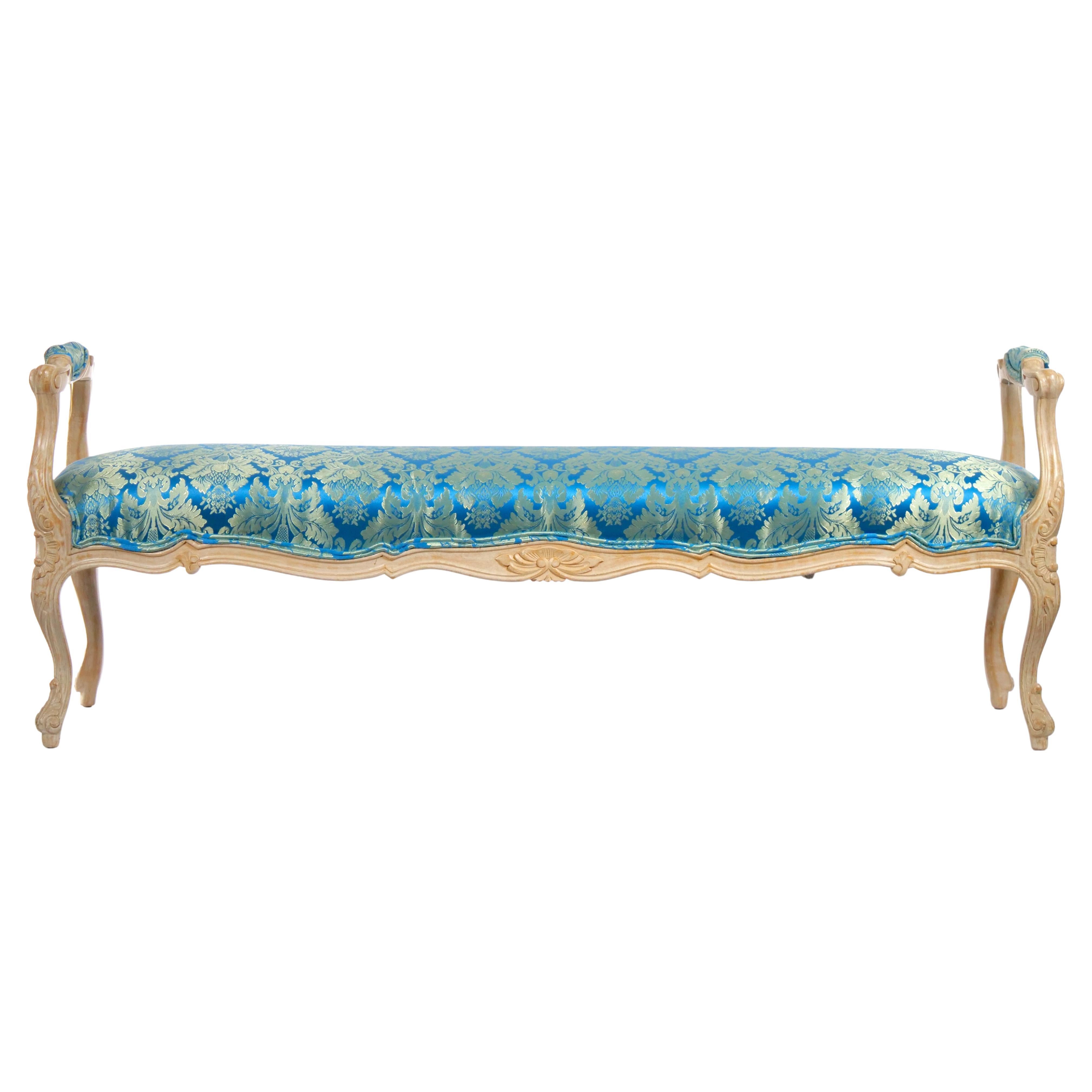 Painted Wood Window Bench / Arms & Flute Carved Accents  / Upholstered Seat For Sale