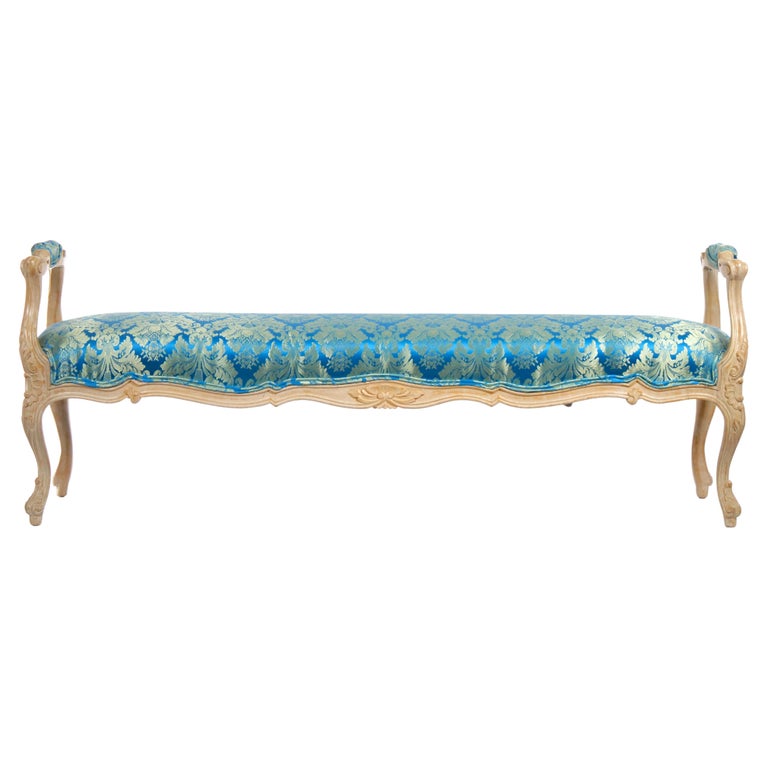 Painted Wood Window Bench / Arms and Flute Carved Accents / Upholstered