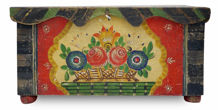 Folk Art Painted Wooden Box, Early 20th Century For Sale