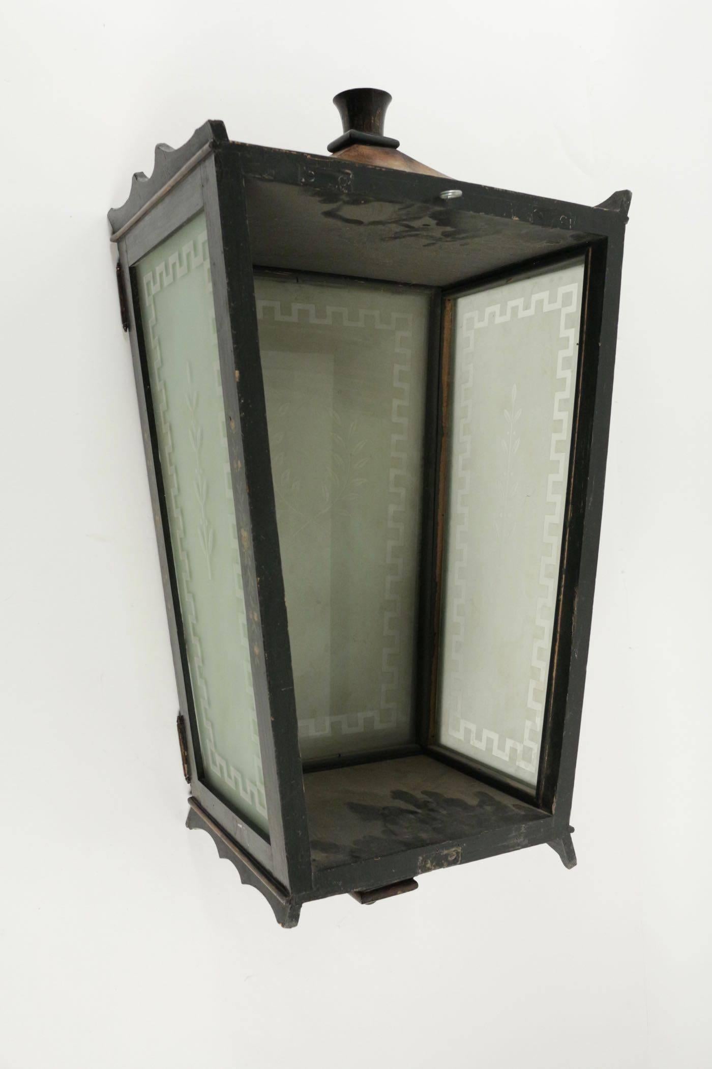 Painted Wooden Lantern with Etched Glass, circa 1940 1