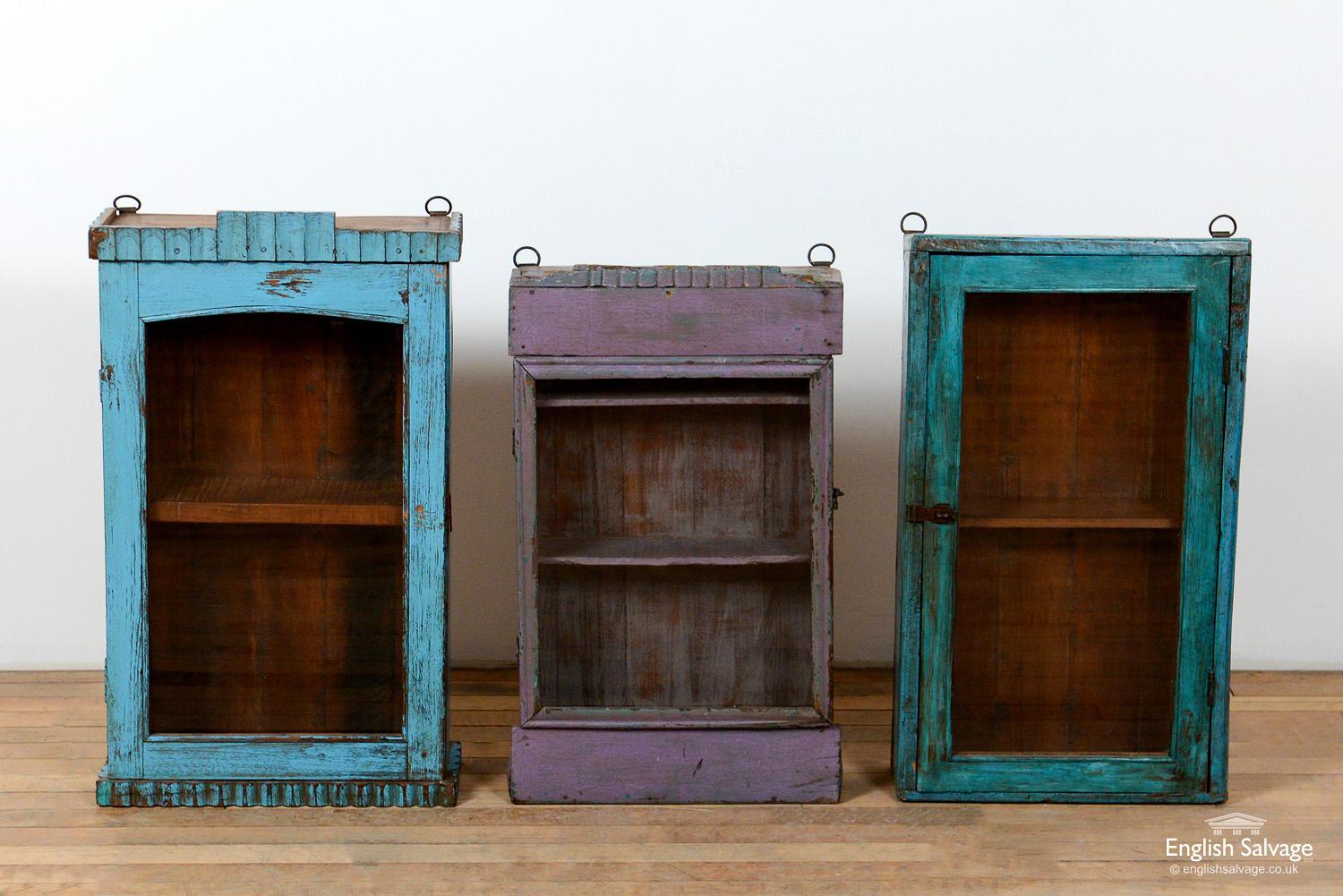 Reclaimed wall display cabinet, each with glass fronts. The blue cabinet with the planked upstand and base (on the left hand of the photos) is 40cm wide x 68cm high x 17cm deep. The darker blue cabinet is 36.5cm wide x 64cm high x 13cm deep.