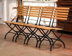 Painted Wrought Iron and Teak Wood Folding Garden Chairs, Set of Four