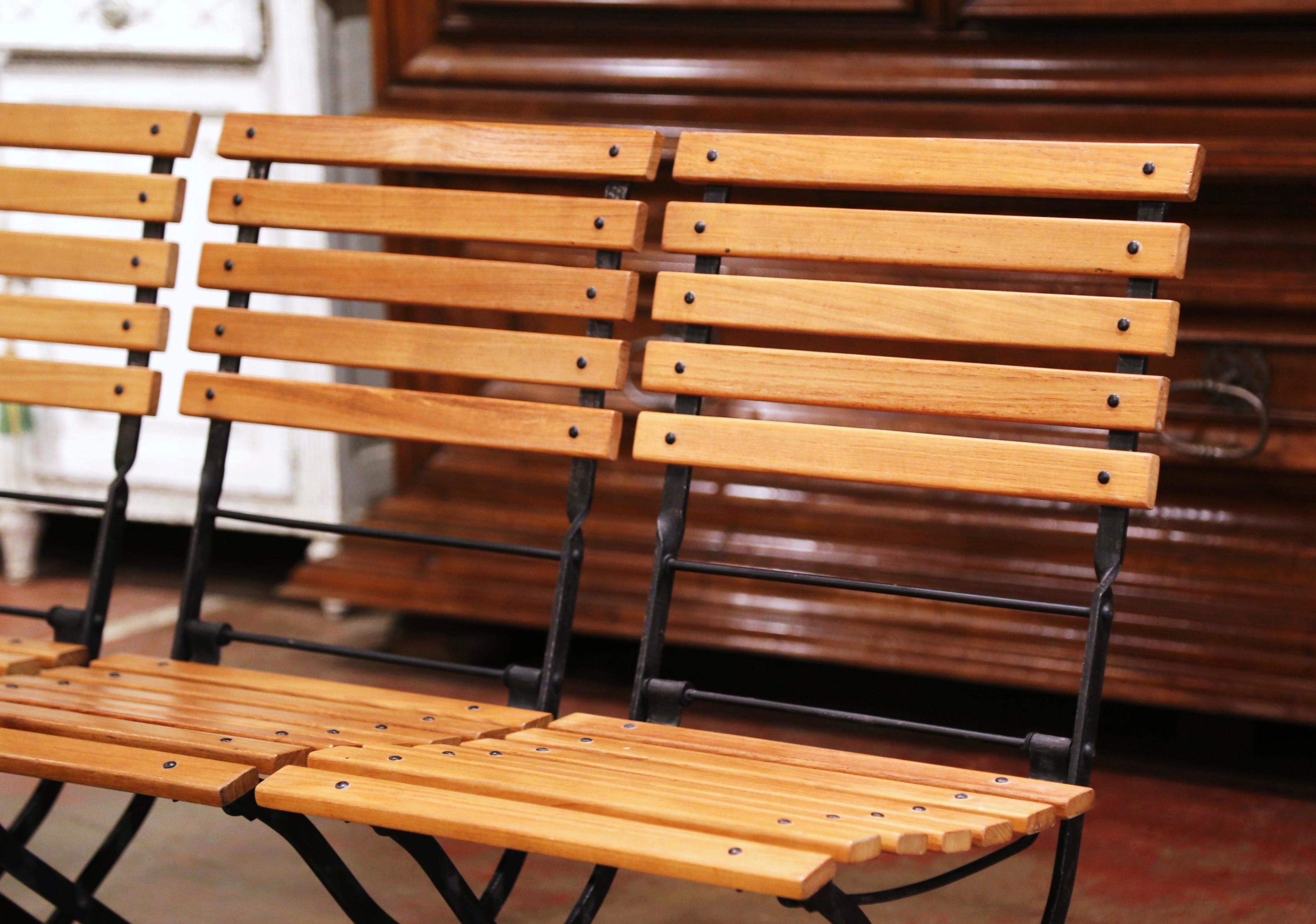Country Painted Wrought Iron and Teak Wood Folding Garden Chairs, Set of Four