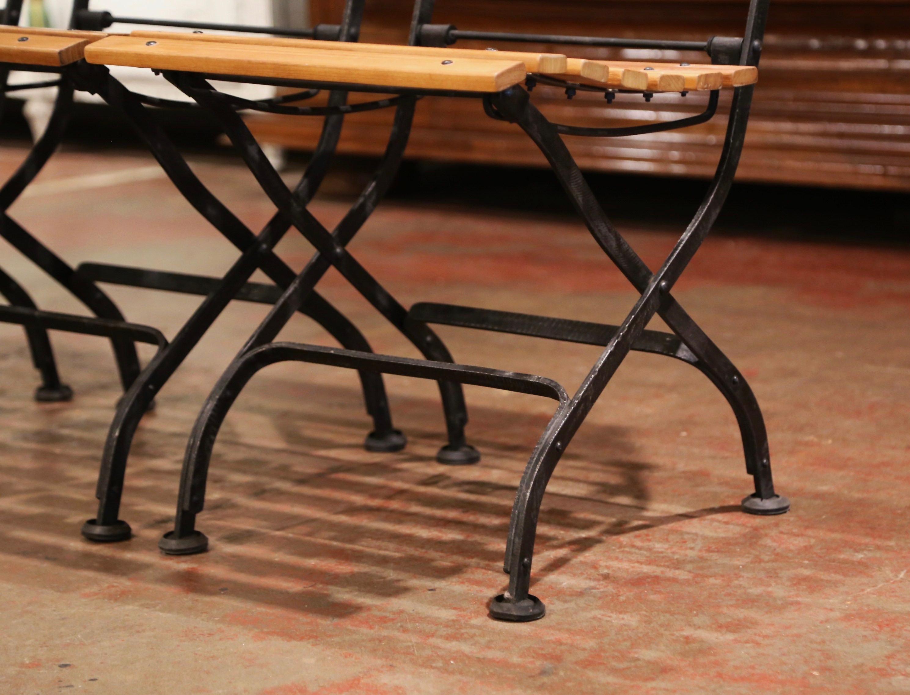American Painted Wrought Iron and Teak Wood Folding Garden Chairs, Set of Four