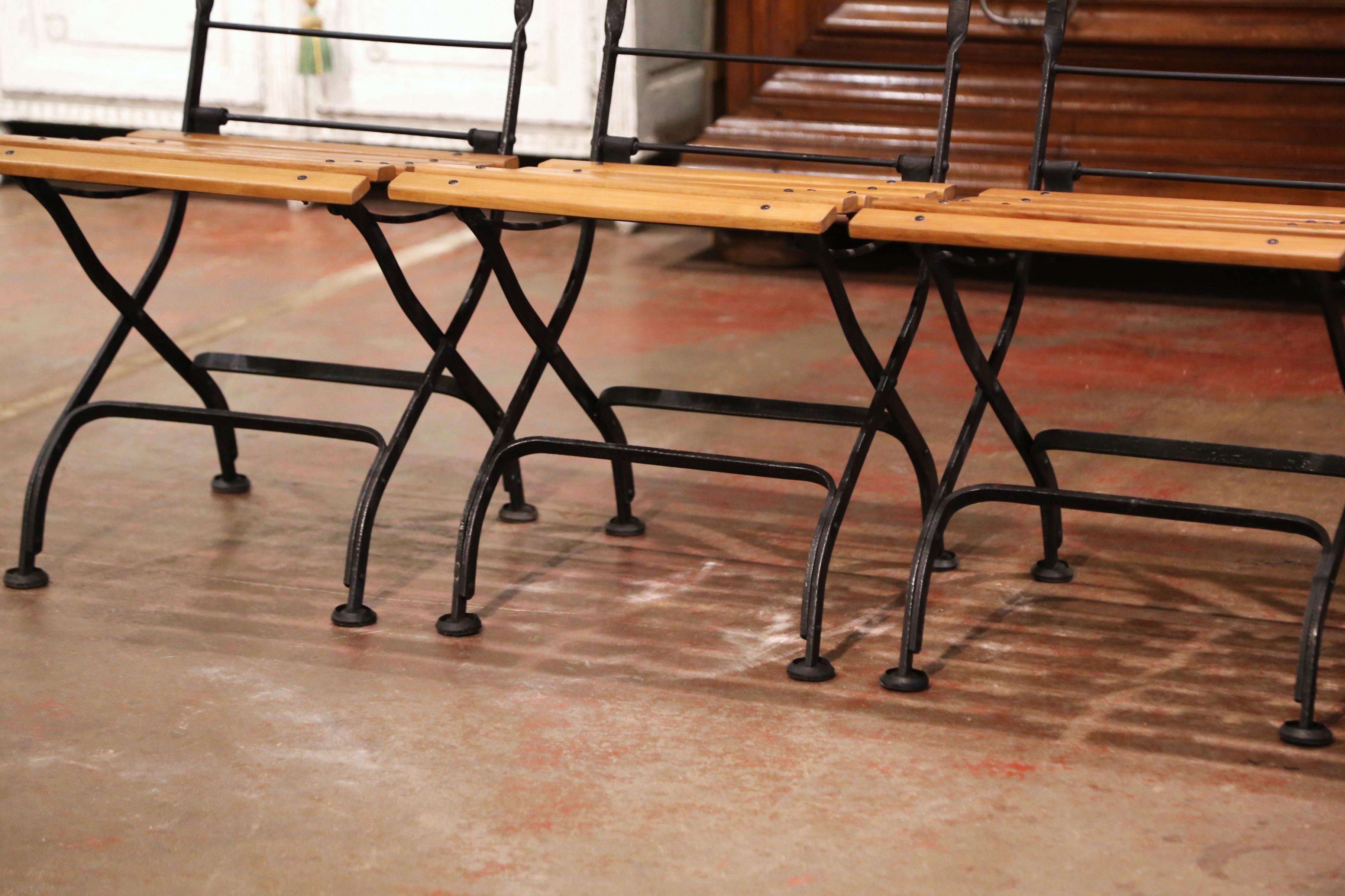 Forged Painted Wrought Iron and Teak Wood Folding Garden Chairs, Set of Four