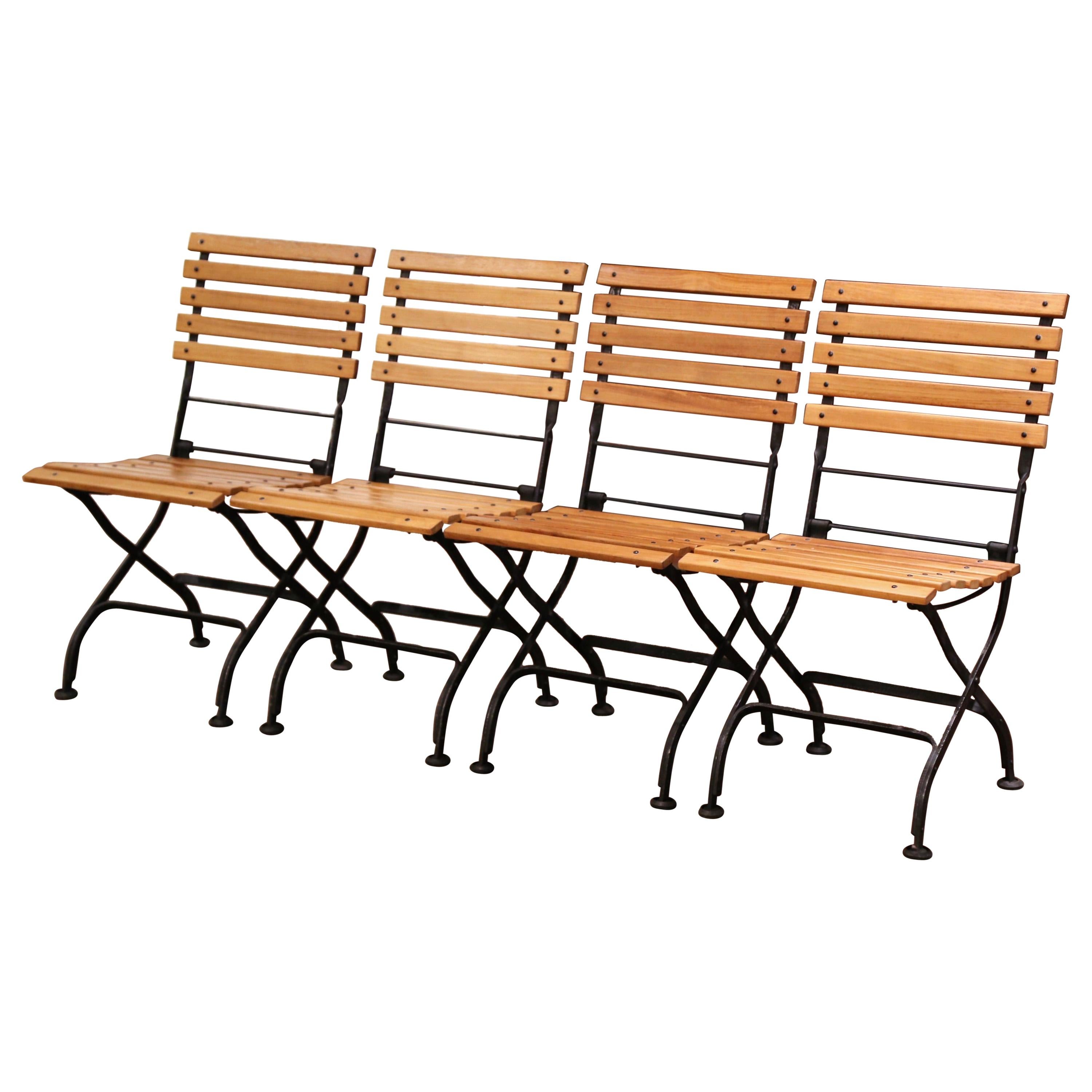 Painted Wrought Iron and Teak Wood Folding Garden Chairs, Set of Four