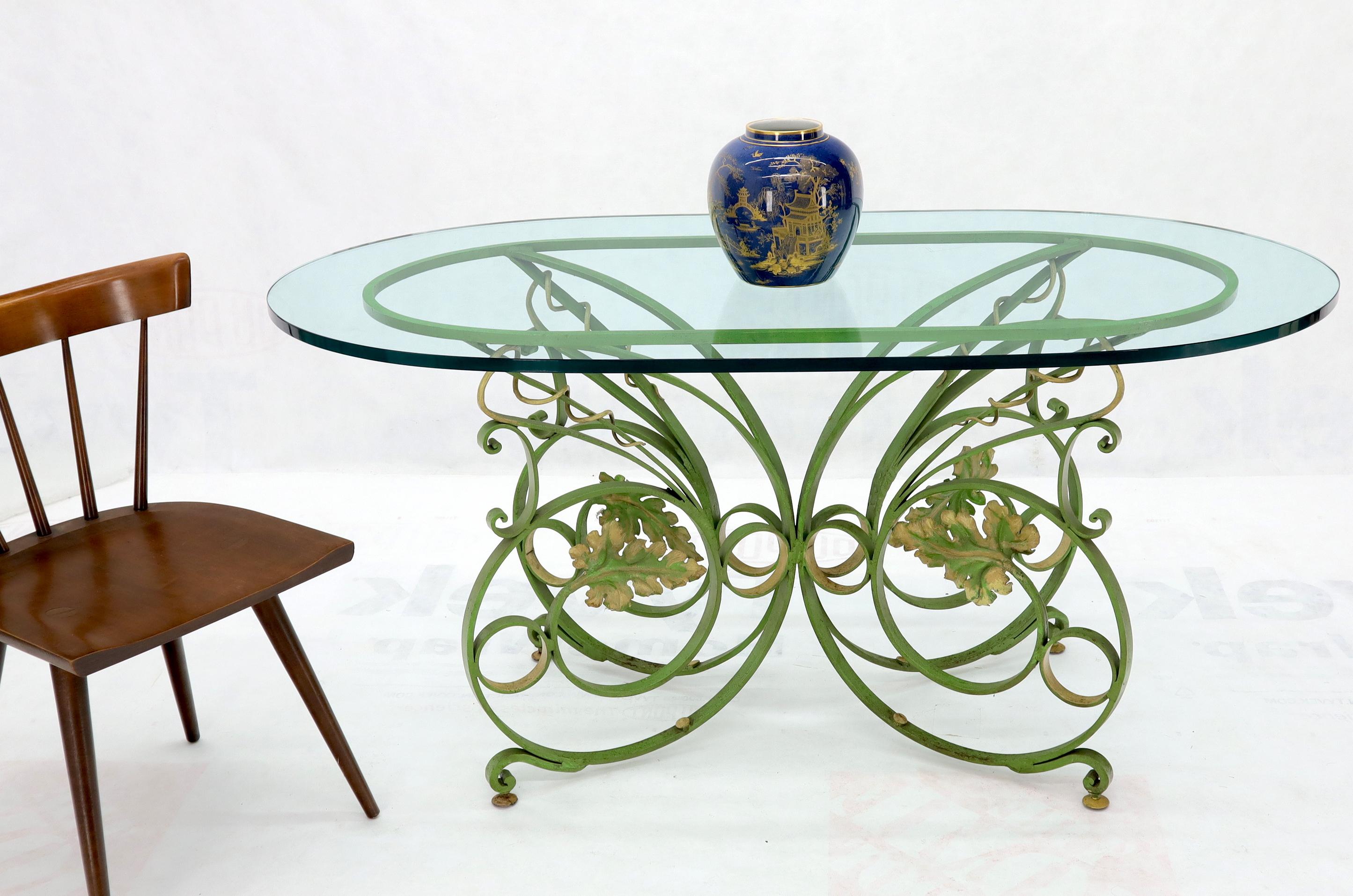 20th Century Painted Wrought Iron Base Oval Racetrack Shape Glass Top Dining Outdoor Table