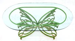 Painted Wrought Iron Base Oval Racetrack Shape Glass Top Dining Outdoor Table