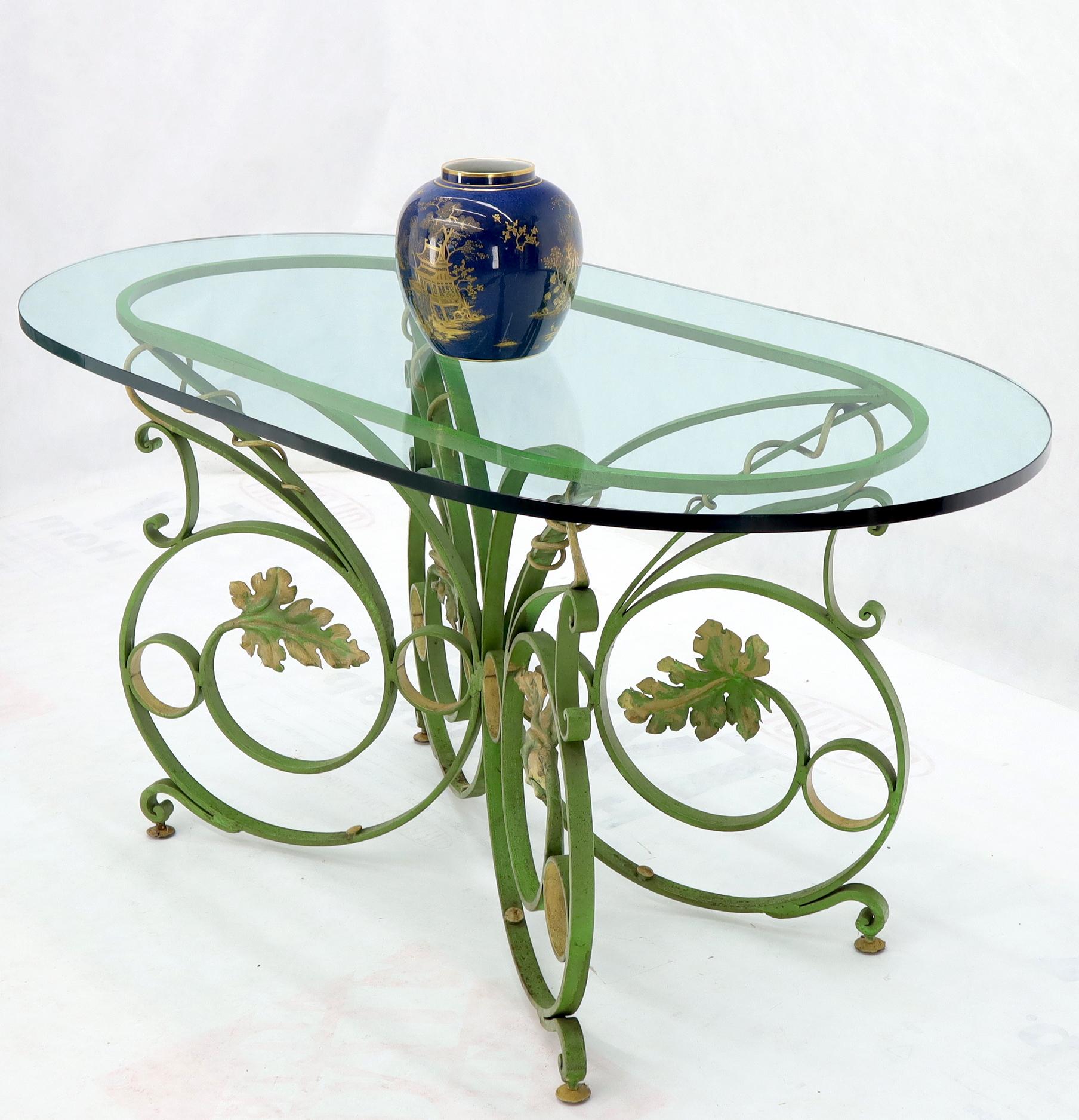 Hand-Painted Painted Wrought Iron Base Oval Racetrack Shape Glass Top Dining Outdoor Table