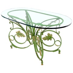 Painted Wrought Iron Base Oval Racetrack Shape Glass Top Dining Outdoor Table